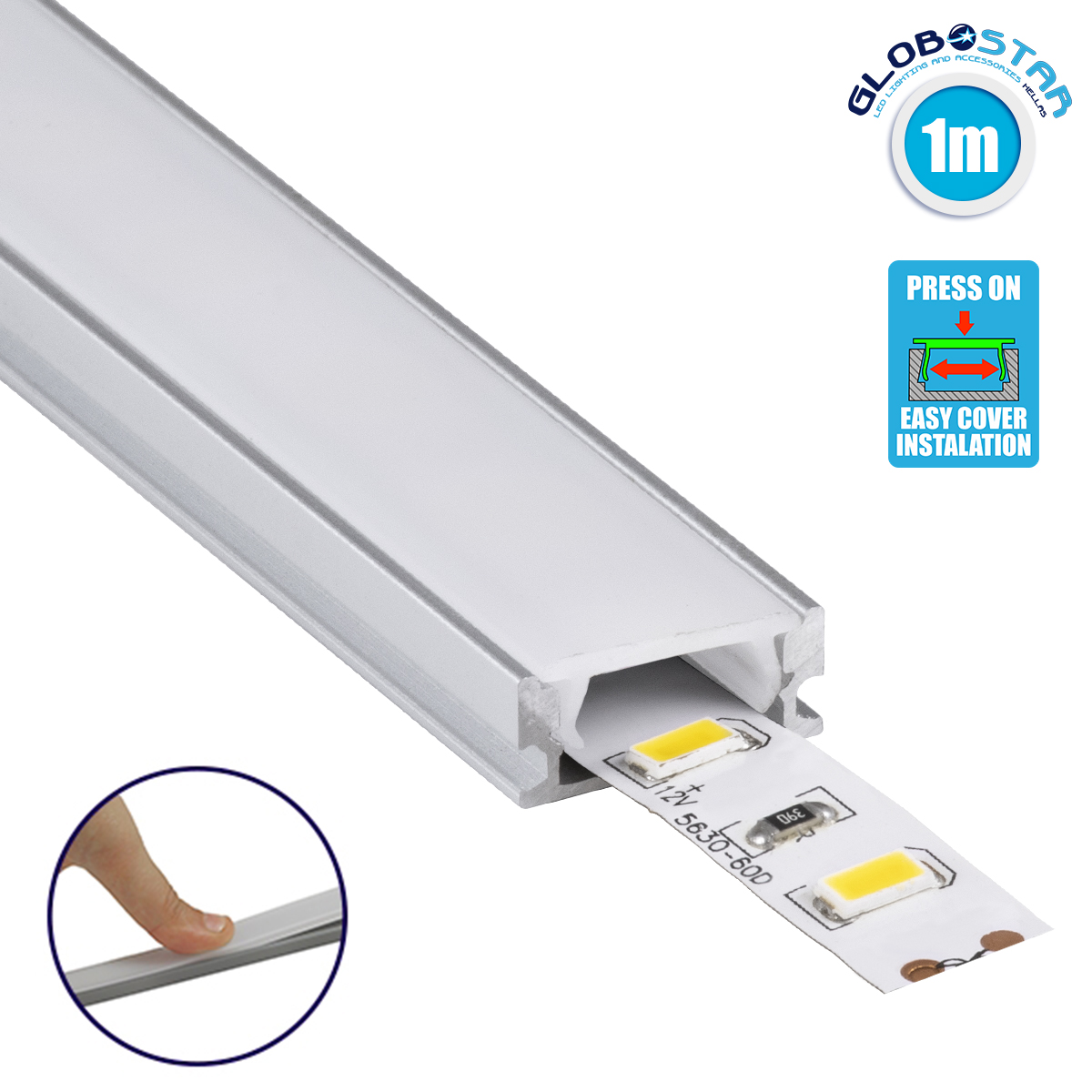 70805_1m_1 GLOBOSTAR® ALP-LINEAR SURFABO 70805-1M Επιφανειακό Προφίλ Αλουμινίου με Λευκό Γαλακτερό Πατητό Κάλυμμα για Ταινίες LED IP20 - Ασημί & Λευκό - Μ100 x Π1.6 x Υ0.7cm - Image 1