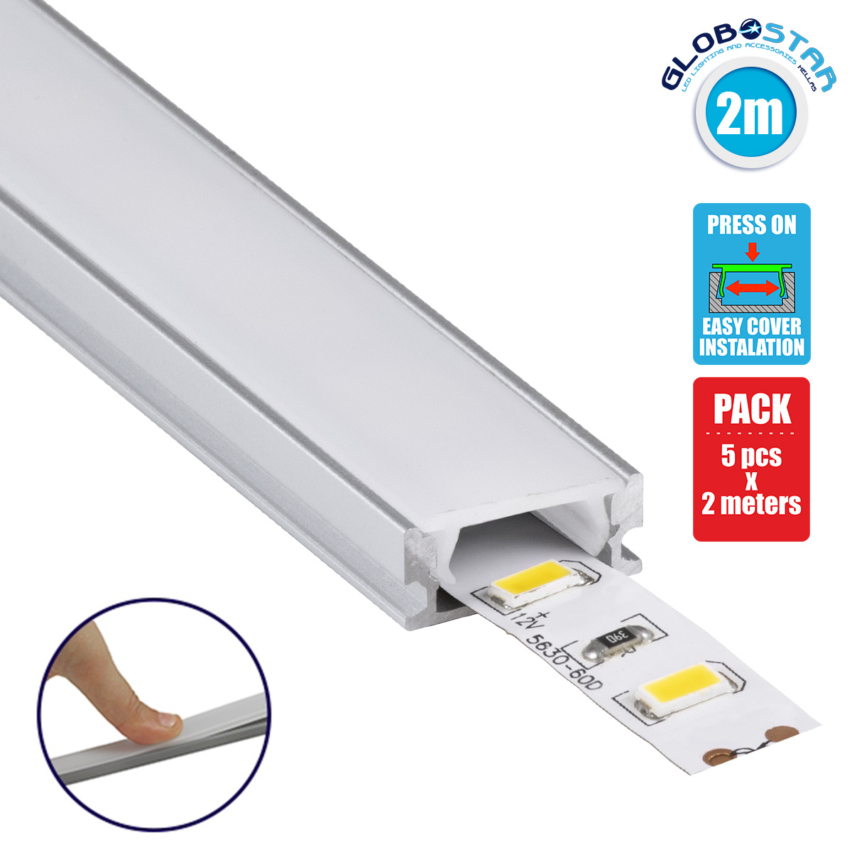 70805_2m_1 GLOBOSTAR® ALP-LINEAR SURFABO 70805-2M Επιφανειακό Προφίλ Αλουμινίου με Λευκό Γαλακτερό Πατητό Κάλυμμα για Ταινίες LED IP20 - Ασημί & Λευκό - Μ200 x Π1.6 x Υ0.7cm - Πακέτο 5 Τεμαχίων - Image 1
