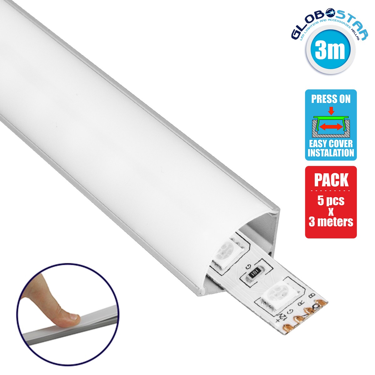 70815_3m_01 GLOBOSTAR® ALP-CORNER LINEO 70815-3M Επιφανειακό Γωνιακό Προφίλ Αλουμινίου με Λευκό Γαλακτερό Πατητό Κάλυμμα για Ταινίες LED IP20 - Ασημί & Λευκό - Μ300 x Π1.6 x Υ1.6cm - Πακέτο 5 Τεμαχίων - Image 1