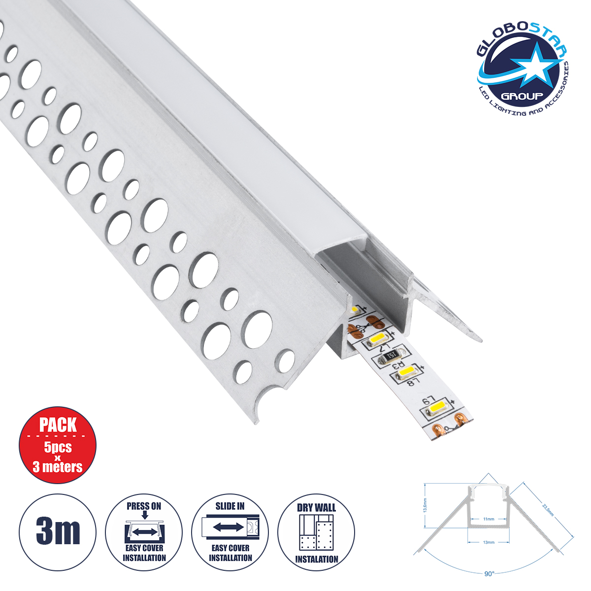 70821_3m_1 GLOBOSTAR® ALP-PLASTERIN GYPSO 70821-3M Χωνευτό Προφίλ Αλουμινίου Ειδικό για Εξωτερική Γωνία Γυψοσανίδας με Λευκό Γαλακτερό Πατητό Κάλυμμα για Ταινίες LED IP20 - Ασημί & Λευκό - Μ300 x Π4.5 x Υ2cm - Πακέτο 5 Τεμαχίων - Image 1