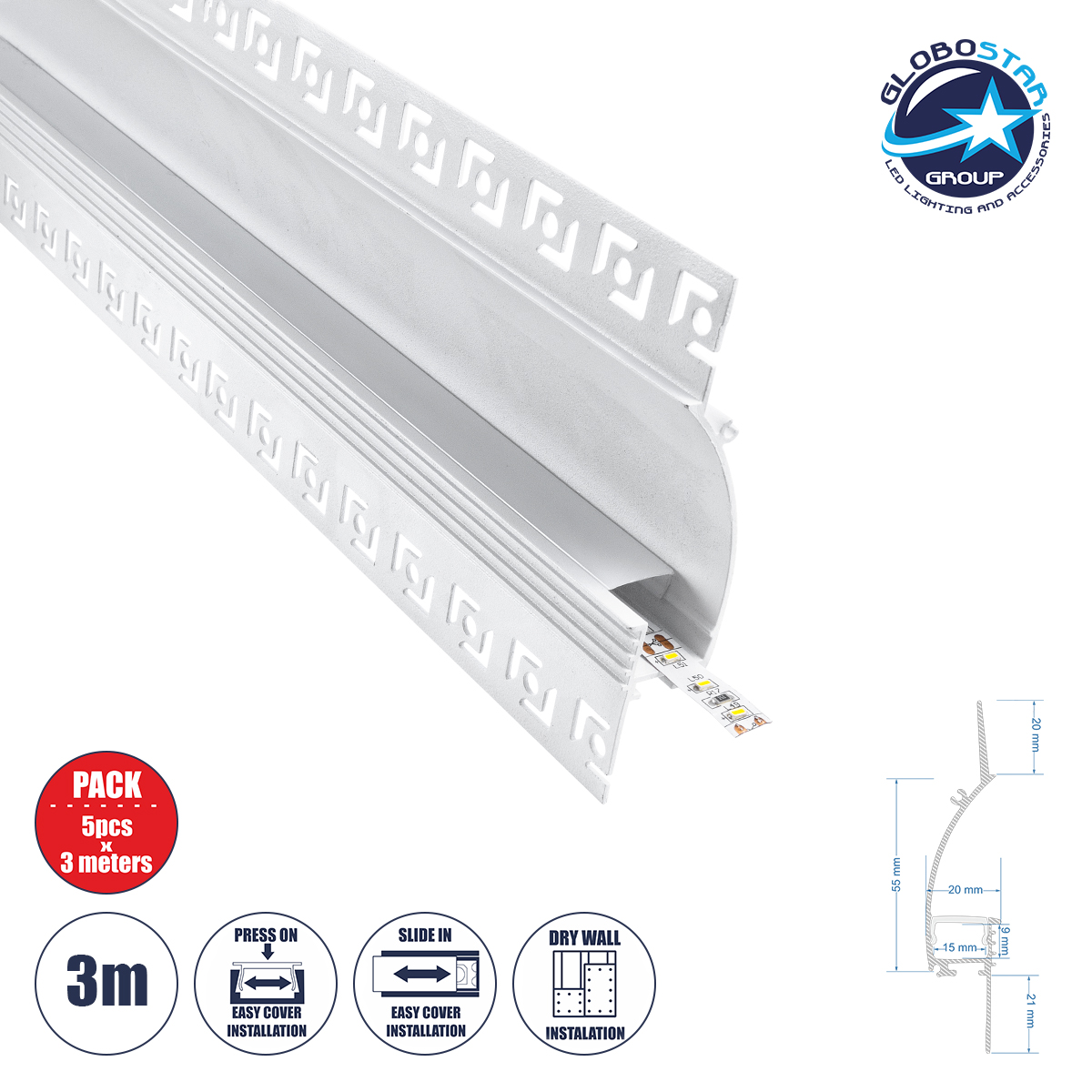 70840_3m_1 GLOBOSTAR® ALP-PLASTERIN GYPSO 70840-3M Χωνευτό Προφίλ Αλουμινίου Ειδικό για Δημιουργία Κρυφού Φωτισμού σε Γυψοσανίδα με Λευκό Γαλακτερό Πατητό Κάλυμμα για Ταινίες LED IP20 - Ασημί & Λευκό - Μ300 x Π9.7 x Υ2cm - Πακέτο 5 Τεμαχίων - Image 1