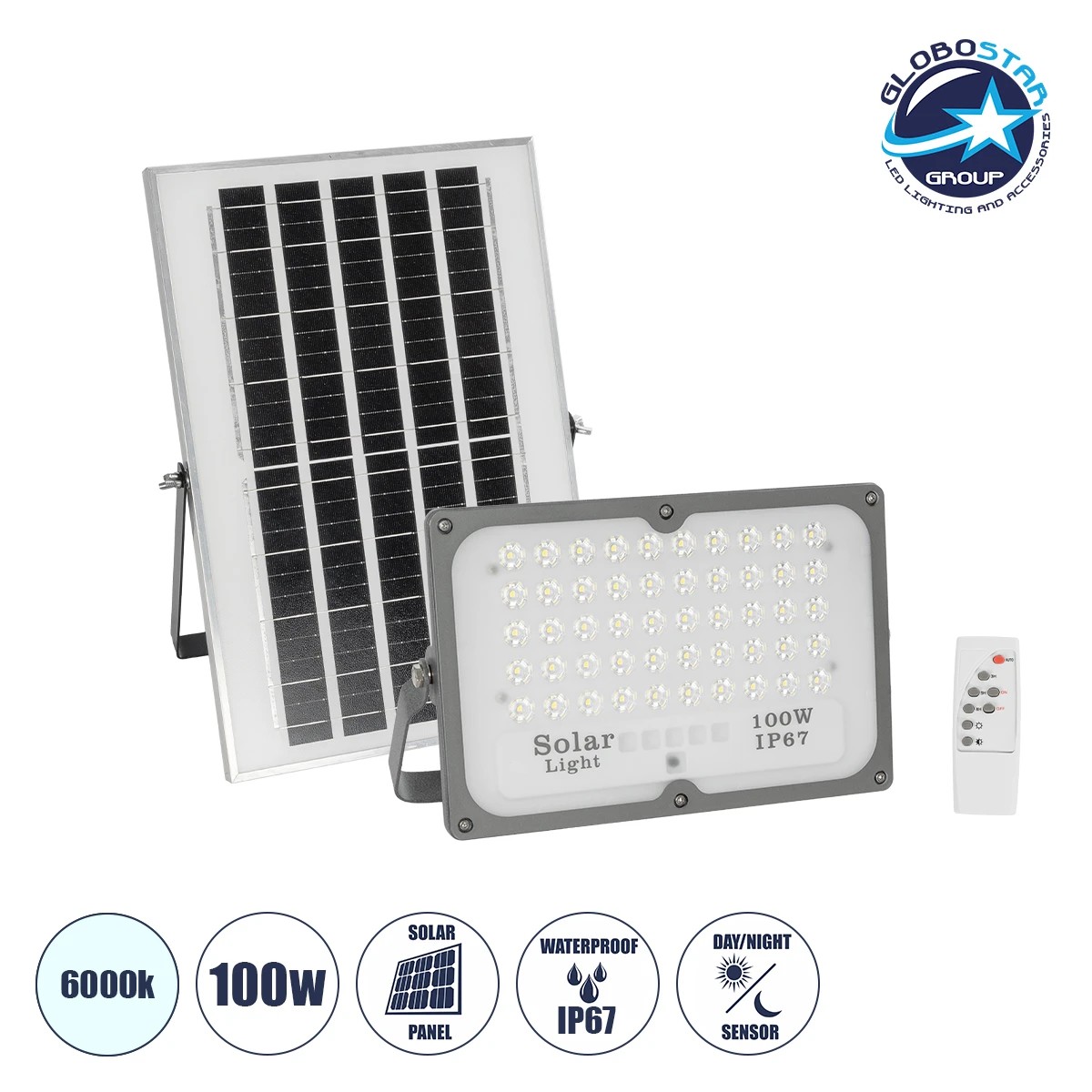 73067_01 GLOBOSTAR® LUMOVOX 73067 Προβολέας LED 100W 5000lm 120° DC 5V με Φωτοβολταϊκό Panel 5V 8W & Επαναφορτιζόμενη Μπαταρία Li-ion 3.2V 5000mAh Αδιάβροχο IP67 Ψυχρό Λευκό 6000K - 120 x SMD2835 Sanan Chip - Γκρι Ανθρακί - Μ25 x Π5.5 x Υ17.5cm - 2 Χρόνια Εγγύηση - Image 1