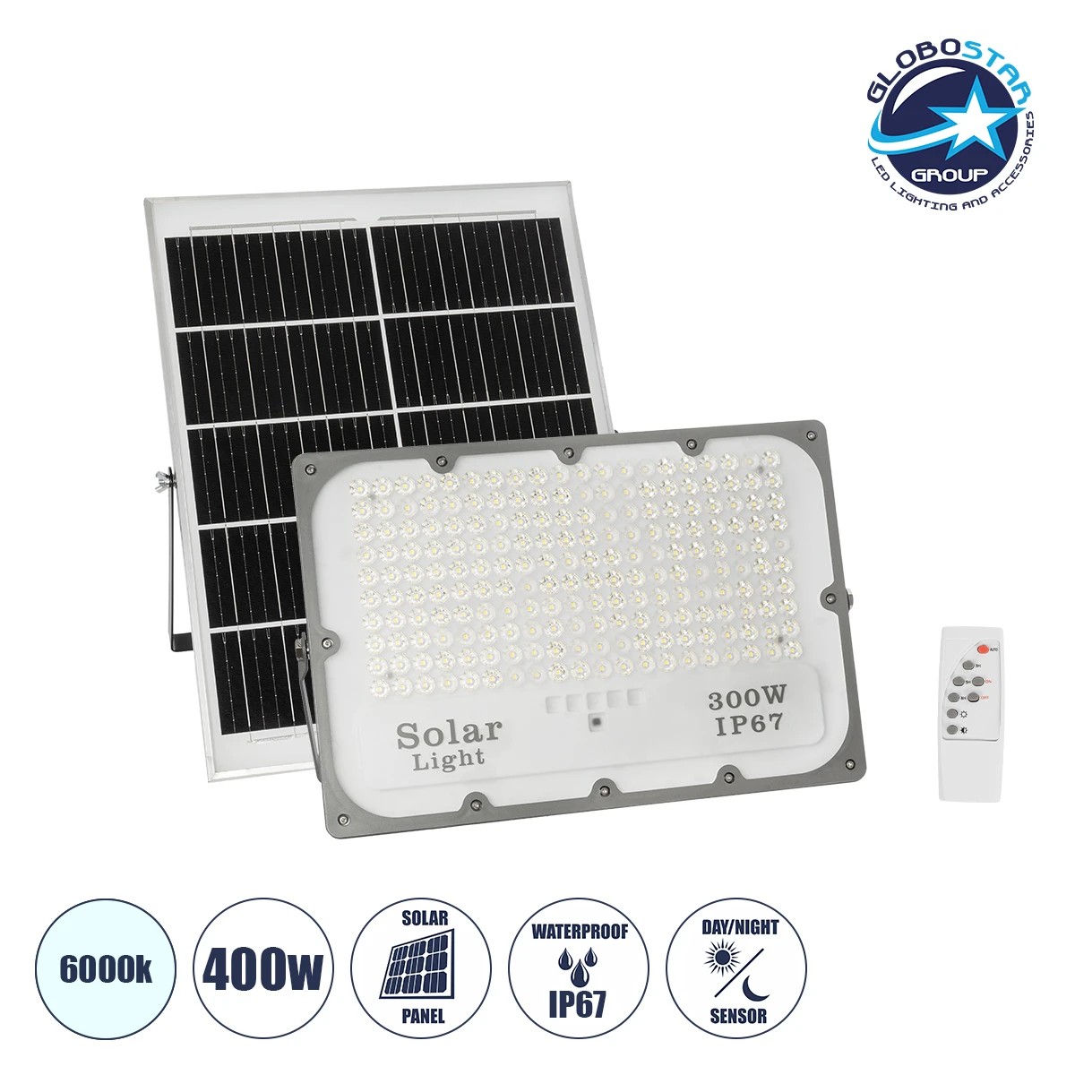 73070_01 GLOBOSTAR® LUMOVOX 73070 Προβολέας LED 400W 20000lm 120° DC 5V με Φωτοβολταϊκό Panel 5V 25W & Επαναφορτιζόμενη Μπαταρία Li-ion 3.2V 20000mAh Αδιάβροχο IP67 Ψυχρό Λευκό 6000K - 400 x SMD2835 Sanan Chip - Γκρι Ανθρακί - Μ45 x Π7.5 x Υ30.5cm - 2 Χρόνια Εγγύηση - Image 1