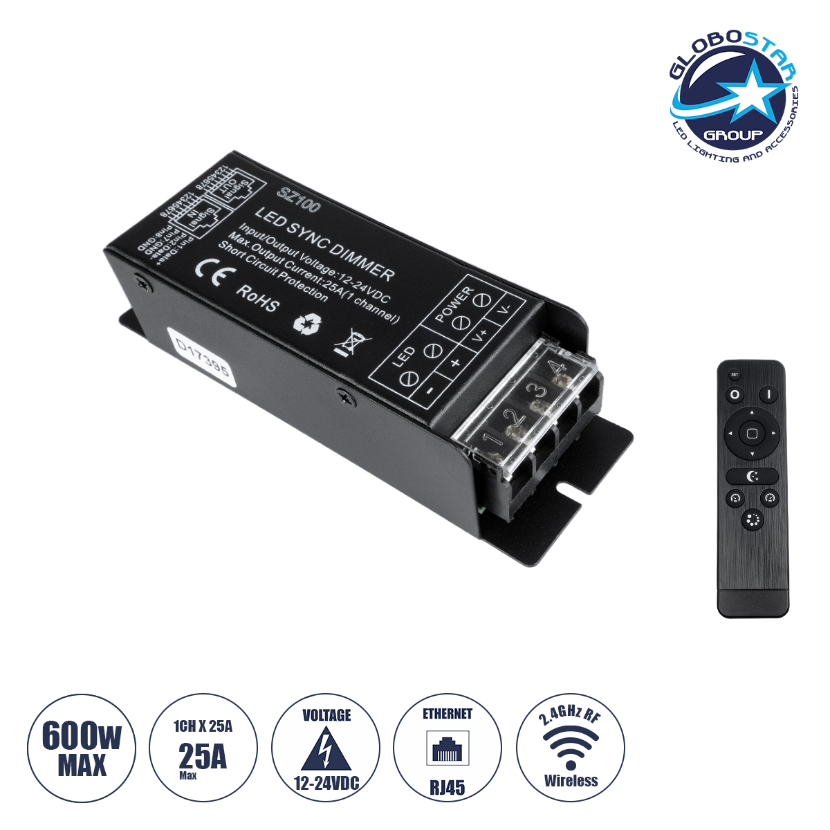 73311_1 GLOBOSTAR® DIMMERIO 73311 Σετ Dimmer με RF Ασύρματο Χειριστήριο με 1 x 25A 600W Κανάλι DC 12-24V 25A 600W Max IP20 - RF2.4Ghz SYNC - Μ12.7 x Π4 x Υ3.2cm - 2 Χρόνια Εγγύηση - Image 1