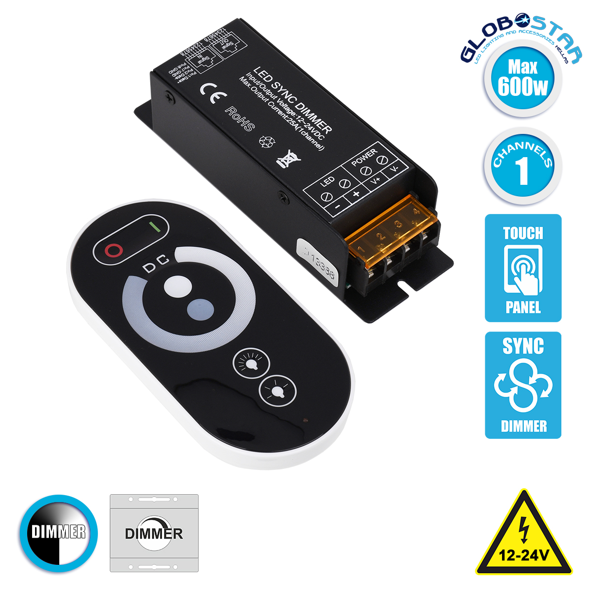 73312_1 GLOBOSTAR® DIMMERIO 73312 Σετ Dimmer με RF Ασύρματο Χειριστήριο με 1 x 25A 600W Κανάλι DC 12-24V 25A 600W Max IP20 - RF2.4Ghz SYNC - Μ12.8 x Π4.1 x Υ3.4cm - 2 Χρόνια Εγγύηση - Image 1