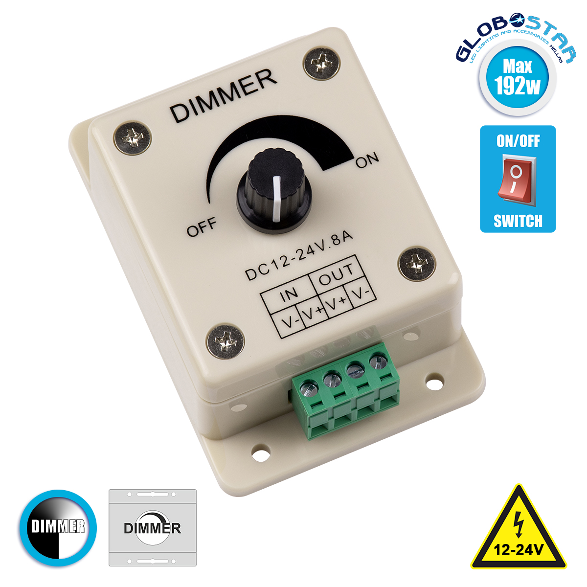 73315_1 GLOBOSTAR® DIMMERALI 73315 Dimmer με 1 x 8A 192W Κανάλι DC 12-24V 8A 192W Max IP20 - Μ9.3 x Π6.5 x Υ6.2cm - 2 Χρόνια Εγγύηση - Image 1