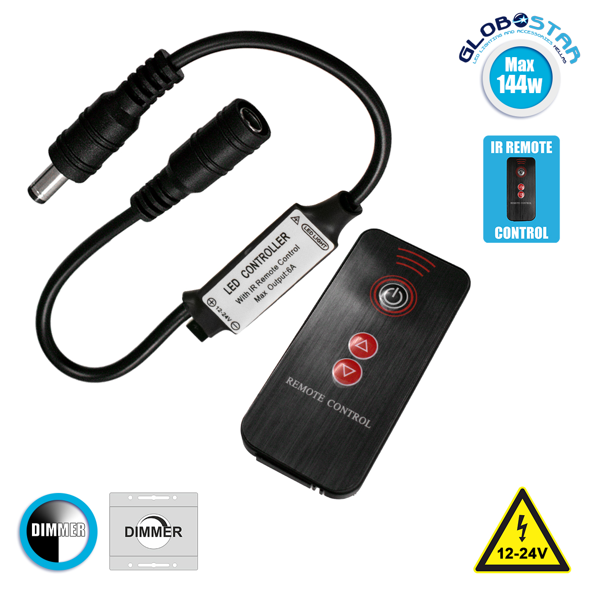 73321_1 GLOBOSTAR® DIMMEROLI 73321 Σετ Dimmer με IR Ασύρματο Χειριστήριο με 1 x 6A 144W Κανάλι DC 12-24V 6A 144W Max IP20 - IR - Μ25 x Π1.3 x Υ0.5cm - 2 Χρόνια Εγγύηση - Image 1