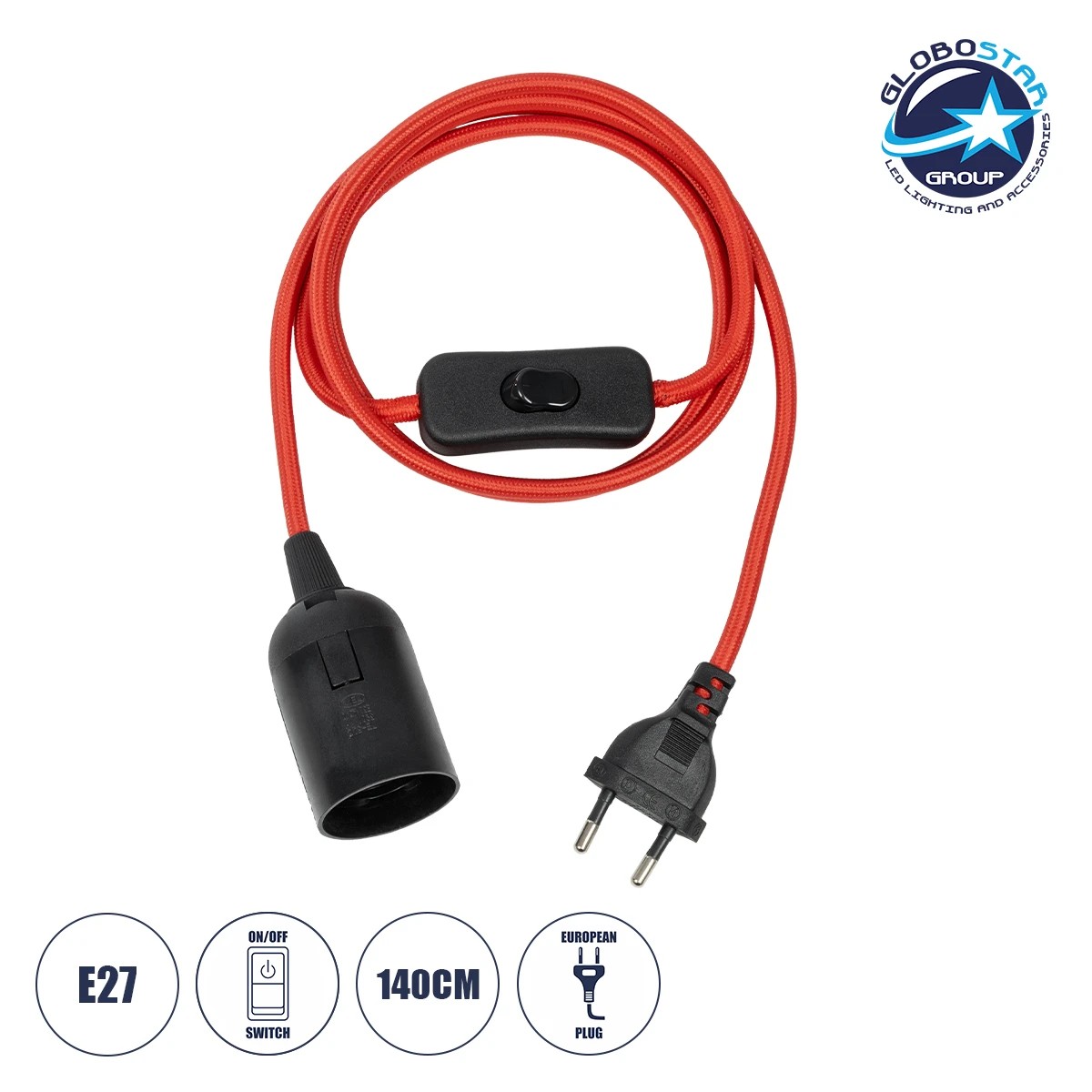 77666_1 GLOBOSTAR® WHIP 77666 Μοντέρνο DIY Φωτιστικό με Υφασμάτινο Καλώδιο, Ντουί 1 x E27, Διακόπτη On/Off & Πρίζα AC 220-240V IP20 - Κόκκινο & Μαύρο - Μ150 x Π4 x Υ4cm - Image 1
