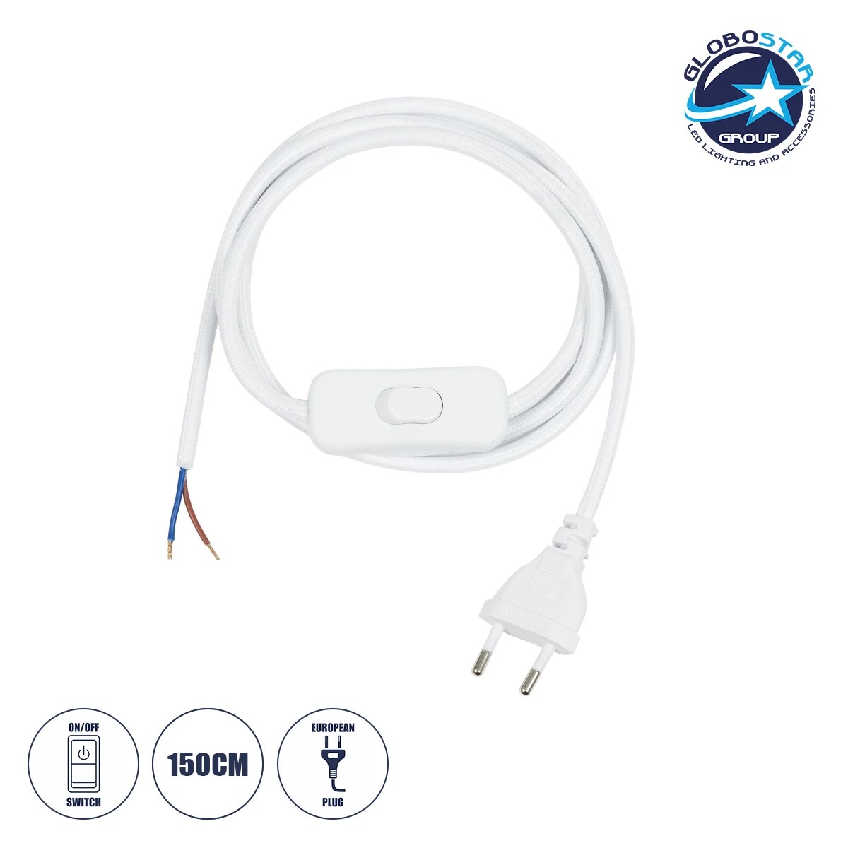 77671_1 GLOBOSTAR® WHIP 77671 Μοντέρνο DIY Υφασμάτινο Καλώδιο με Διακόπτη On/Off AC 220-240V IP20 - Λευκό - Μ140 x Π2.7 x Υ1.9cm - Image 1