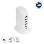 GLOBOSTAR® CHARGER 79704 Πολυφορτιστής DC 5V με 5 x USB 2.0 & 1 x USB-C 30W 6A AC 220-240V IP20 - Λευκό - Μ8 x Π6.5 x Υ11.5cm
