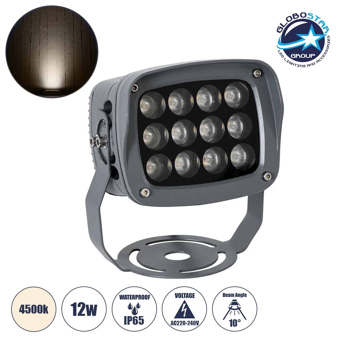90122_1 GLOBOSTAR® FLOODXENA 90122 Προβολέας Σποτ Wall Washer LED 12W 1380lm 10° AC 220-240V Αδιάβροχο IP65 Φυσικό Λευκό 4500K - Bridgelux SMD Chip - Γκρι Ανθρακί Ματ - Μ13.5 x Π11.5 x Υ15cm - 3 Χρόνια Εγγύηση - Image 1