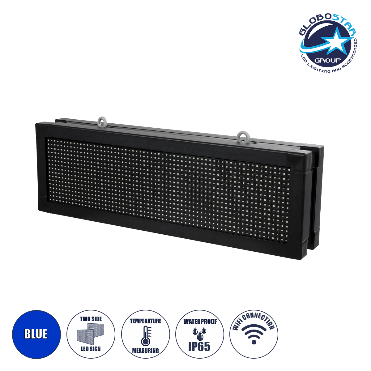 90318_1 GLOBOSTAR® DISPLAY 90318 Κυλιόμενη Ψηφιακή Επιγραφή 64x16cm P10 Διπλής Όψης LED AC 220-240V Αδιάβροχο IP65 Μπλε - WiFi Control μέσω FK APP - Αισθητήρας Θερμοκρασίας & Υγρασίας - Μ70.5 x Π11 x Υ22.5cm - 2 Χρόνια Εγγύηση - Image 1