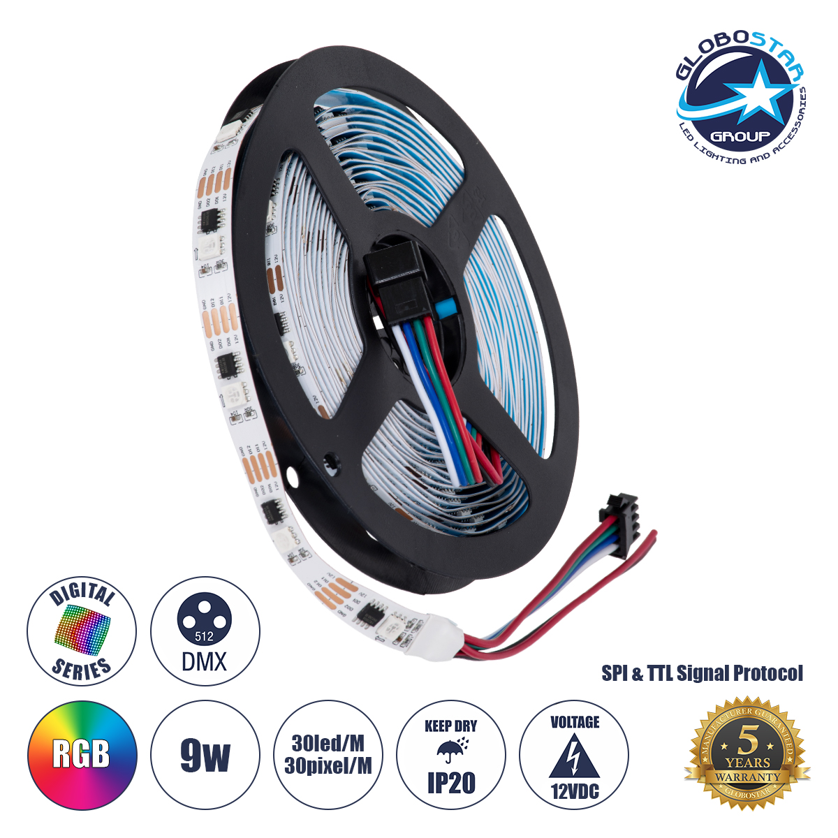 90599_1 GLOBOSTAR® DIGIPRO 90599 Ψηφιακή Pixel Addressable Ταινία LED 9W/m 540lm/m 120° DC 12V IP20 30 x SMD5050 Chip/m 30 x Pixel/m RGB Dimmable SPI/TTL Protocol IC TM1908 - Sanan SMD Chip - Μ500 x Π1 x Υ0.2cm - Ρολό 5 Μέτρων - 5 Χρόνια Εγγύηση - Image 1