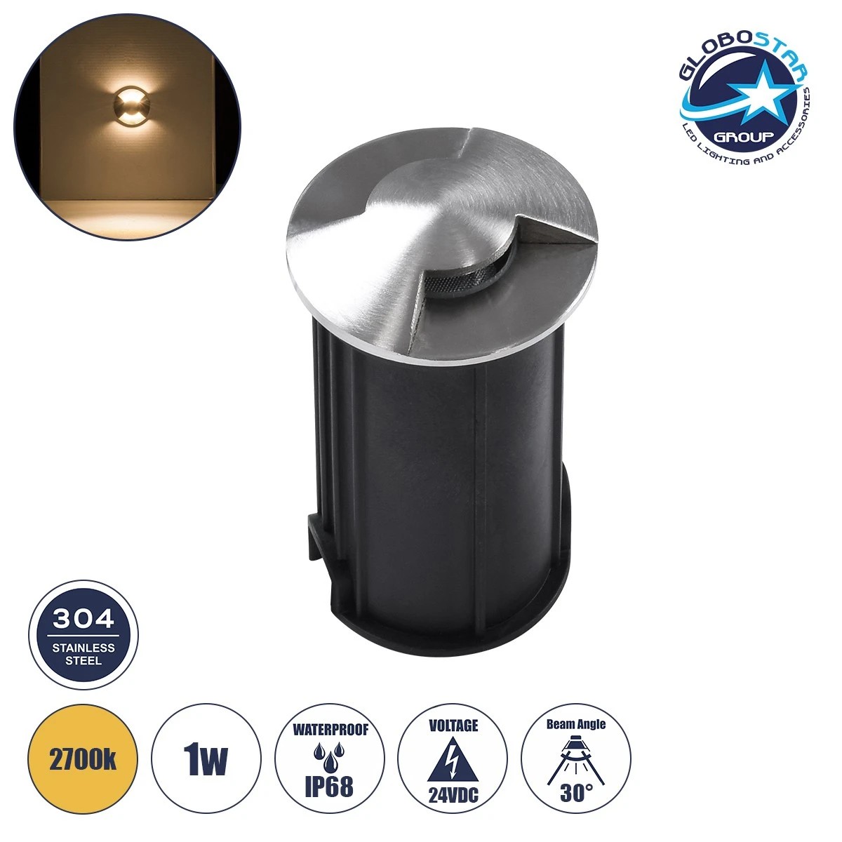 90662_001 GLOBOSTAR® UNDERGROUNDRENA 90662 Χωνευτό Αρχιτεκτονικο Φωτιστικό Σποτ Δαπέδου LED 1W 110lm 30°+30° DC 24V Αδιάβροχο IP65 Θερμό Λευκό 2700K Dimmable - Bridgelux SMD Chip - Ανοξείδωτο Ατσάλι SS304 - Μ5 x Π5 x Υ9cm / Q4.2cm - 3 Χρόνια Εγγύηση - Image 1