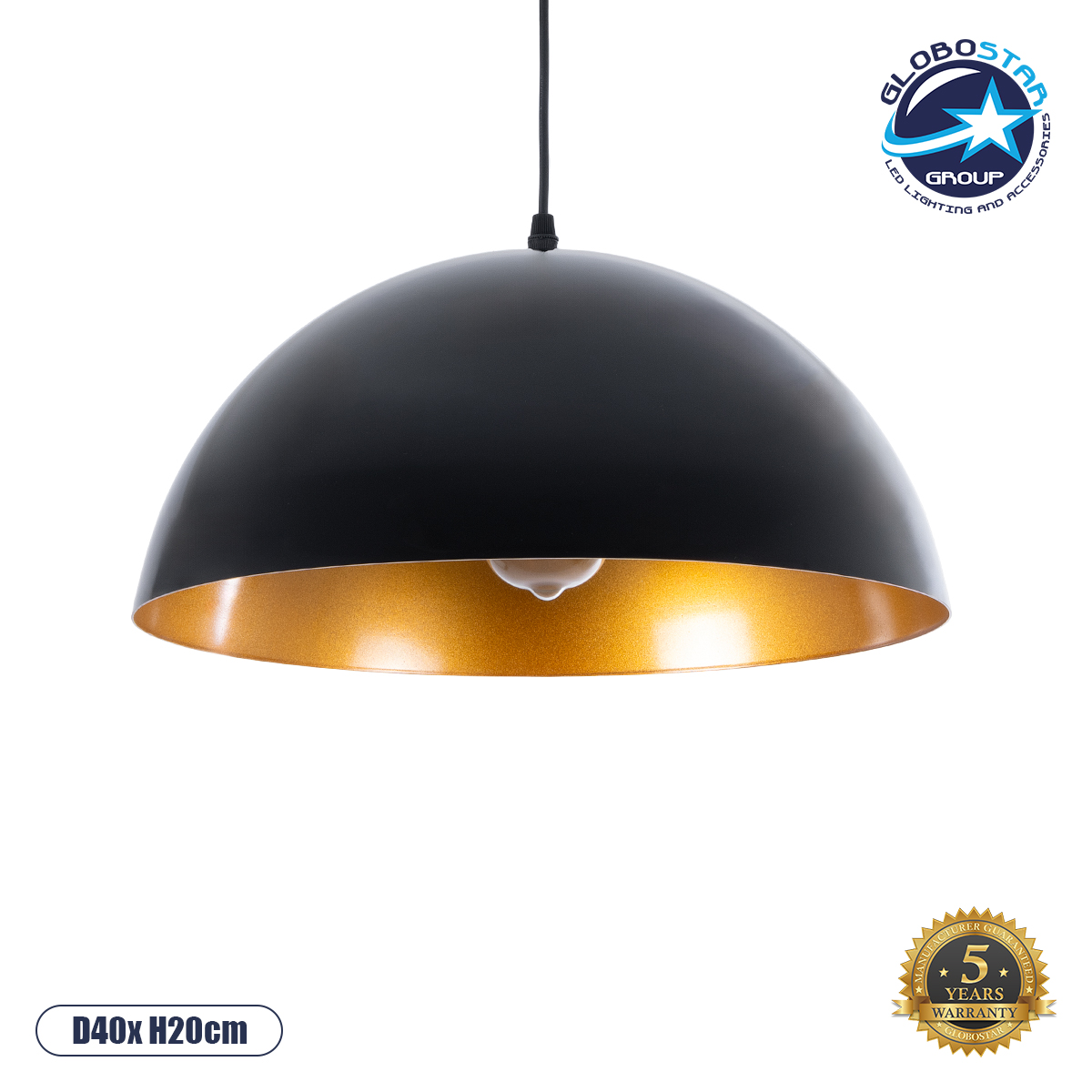 01341_1 GLOBOSTAR® LUNE 01341 Μοντέρνο Κρεμαστό Φωτιστικό Οροφής με Ντουί 1 x E27 AC 220-240V IP20 - Μαύρο & Χρυσό - Μ40 x Π40 x Υ20cm - Image 1