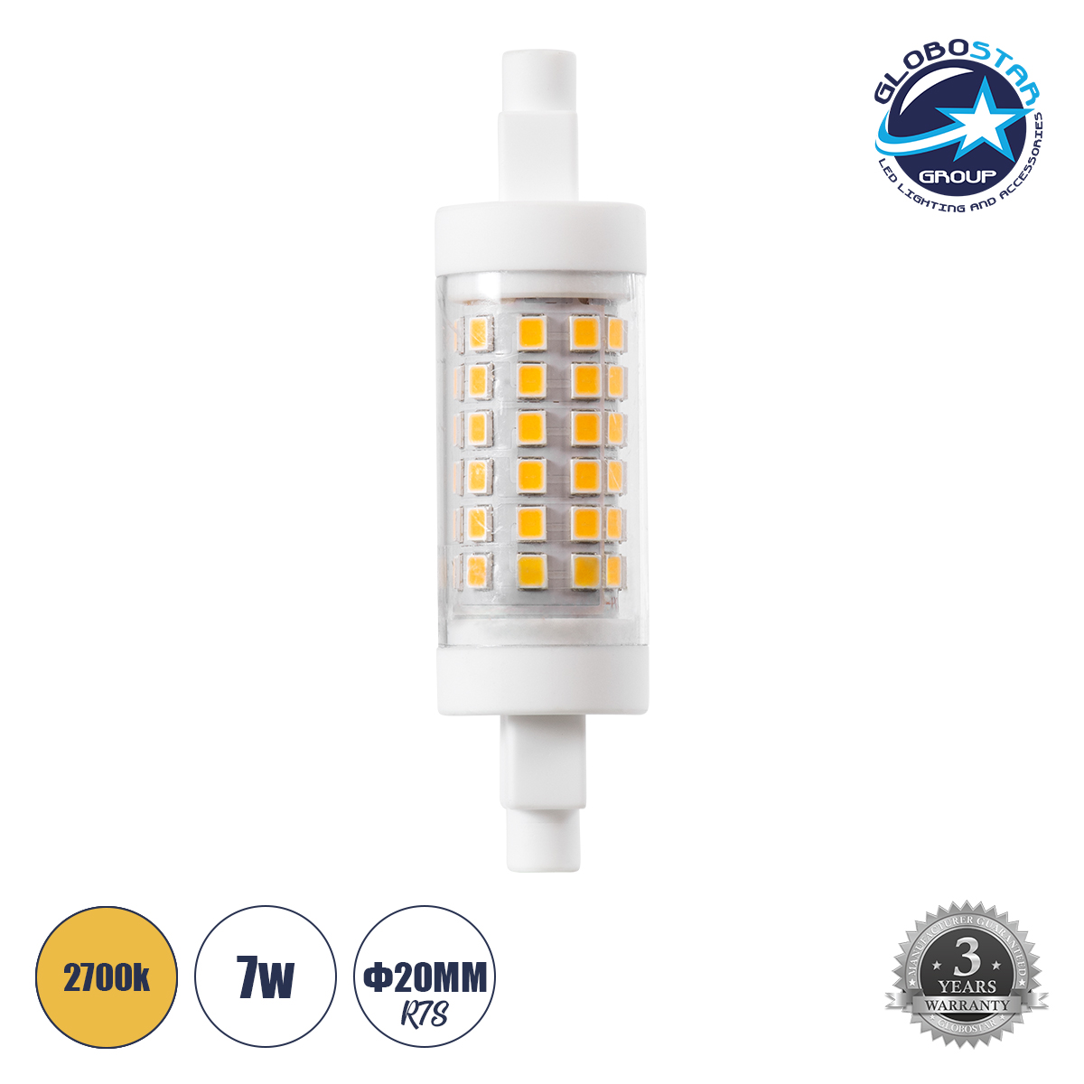 60395_1 GLOBOSTAR® TUBINI 60395 Λάμπα R7S 78mm LED 7W 791lm 360° AC 220-240V IP20 Θερμό Λευκό 2700K - Lumileds SMD Chip - Μ7.8 x Π2 x Υ2cm - 3 Χρόνια Εγγύηση - Image 1