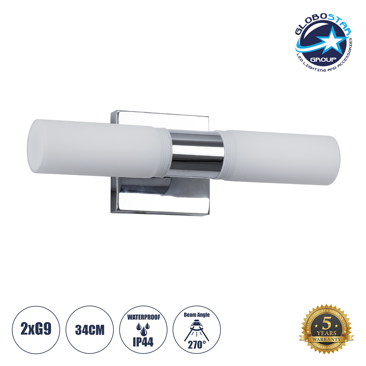 60410_1 GLOBOSTAR® ANAIS 60410 Μοντέρνο Φωτιστικό Τοίχου - Απλίκα Καθρέπτη Μπάνιου με Ντουί 2 x G9 AC 220-240V IP20 - Νίκελ Χρώμιο - Μ34 x Π12 x Υ11cm - Image 1