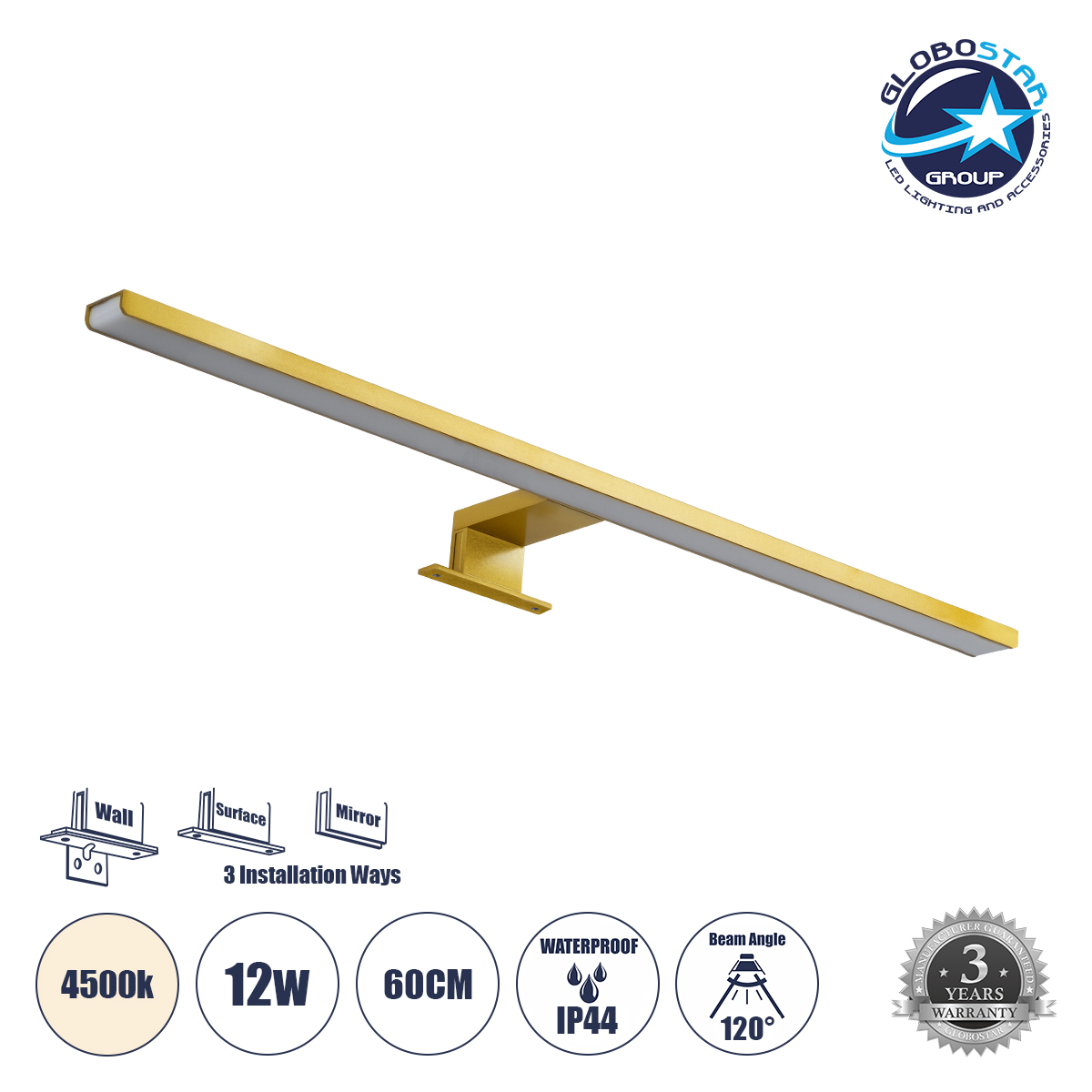 60421_01 GLOBOSTAR® NINA 60421 Μοντέρνο Φωτιστικό Τοίχου - Απλίκα Καθρέπτη Μπάνιου LED 12W 1400lm 120° AC 220-240V IP44 Φυσικό Λευκό 4500K - Lumileds SMD Chip & TÜV SÜD Driver - Σατινέ Χρυσό Βούρτσας - Μ60 x Π10.5 x Υ4cm - 3 Χρόνια Εγγύηση - Image 1