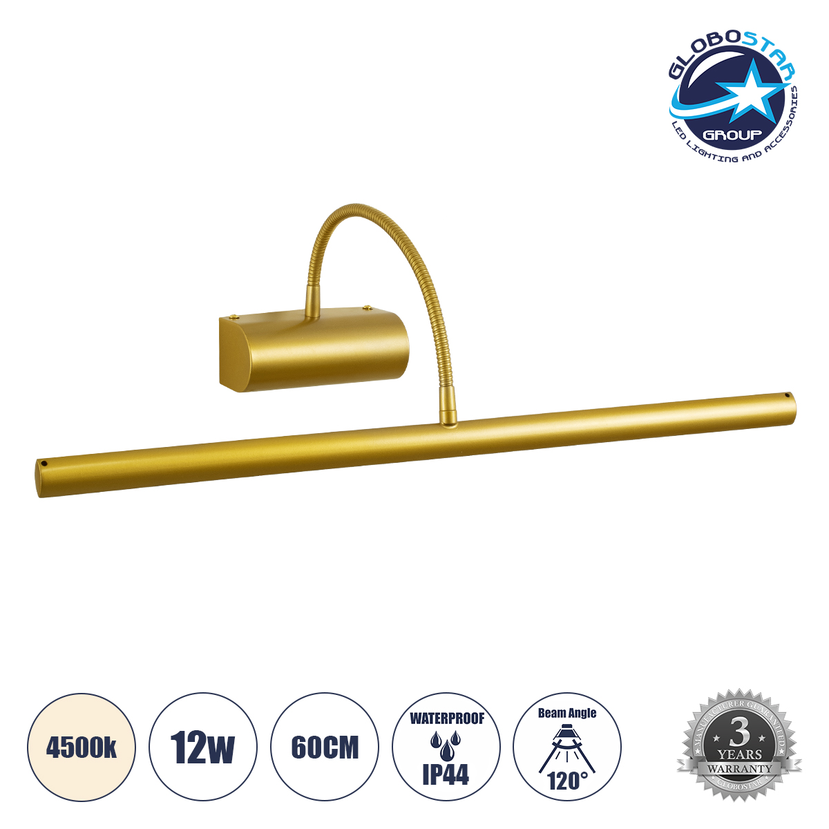 60437_1 GLOBOSTAR® TROIS 60437 Μοντέρνο Φωτιστικό Τοίχου - Απλίκα Καθρέπτη Μπάνιου LED 12W 1400lm 120° AC 220-240V IP44 Φυσικό Λευκό 4500K - Lumileds SMD Chip & TÜV SÜD Driver - Σατινέ Χρυσό Βούρτσας - Μ60 x Π24 x Υ18cm - 3 Χρόνια Εγγύηση - Image 1