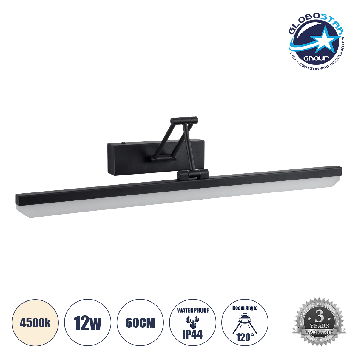 60446_1 GLOBOSTAR® MARA 60446 Μοντέρνο Φωτιστικό Τοίχου - Απλίκα Καθρέπτη Μπάνιου LED 12W 1400lm 120° AC 220-240V IP20 Φυσικό Λευκό 4500K - Lumileds SMD Chip & TÜV SÜD Driver - Μαύρο Ματ - Μ60 x Π15 x Υ13cm - 3 Χρόνια Εγγύηση - Image 1