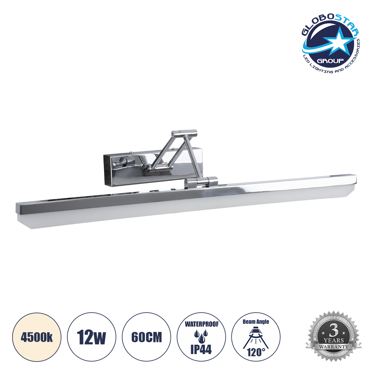 60447_1 GLOBOSTAR® MARA 60447 Μοντέρνο Φωτιστικό Τοίχου - Απλίκα Καθρέπτη Μπάνιου LED 12W 1400lm 120° AC 220-240V IP20 Φυσικό Λευκό 4500K - Lumileds SMD Chip & TÜV SÜD Driver - Νίκελ Χρώμιο - Μ60 x Π15 x Υ13cm - 3 Χρόνια Εγγύηση - Image 1