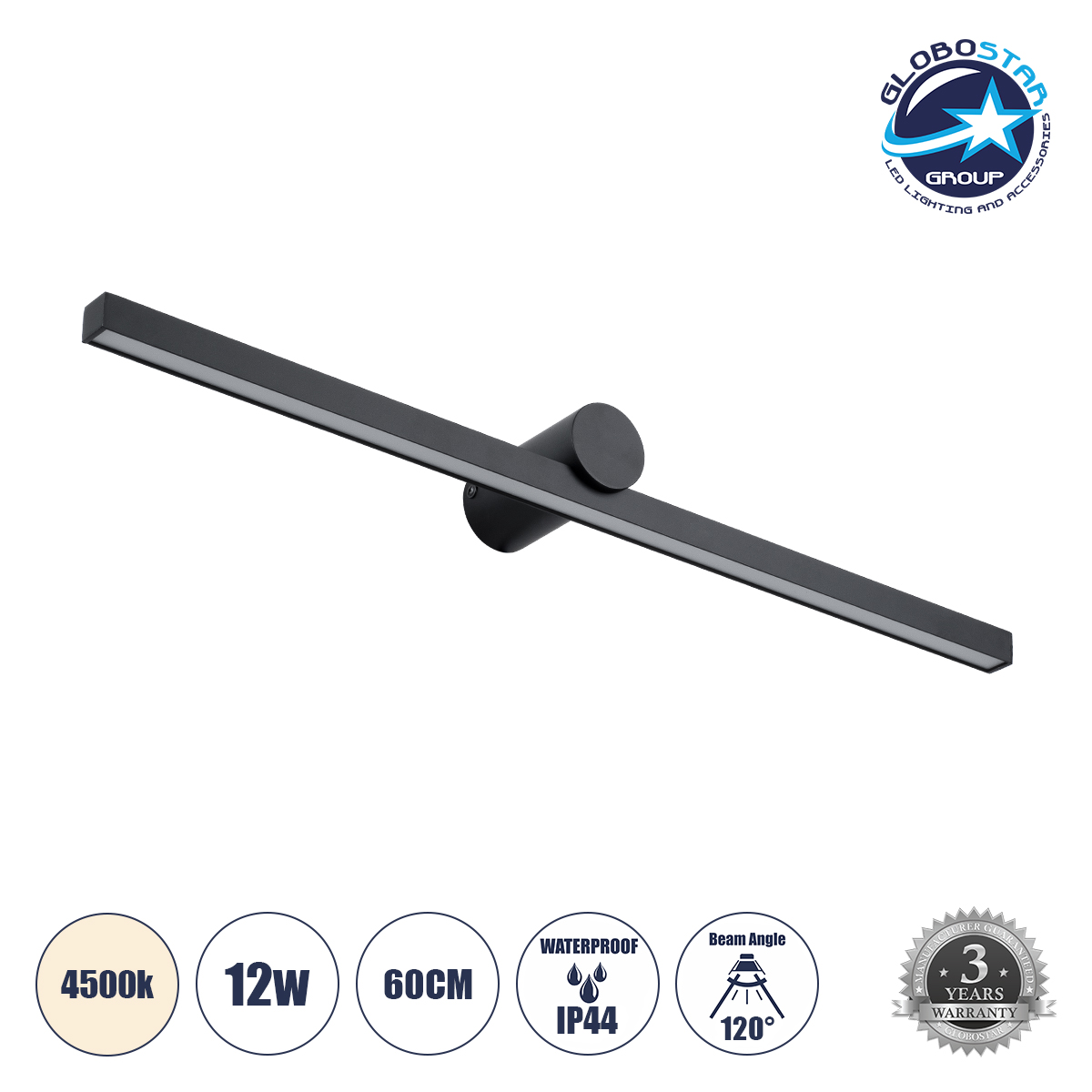 60450_1 GLOBOSTAR® ROSA 60450 Μοντέρνο Φωτιστικό Τοίχου - Απλίκα Καθρέπτη Μπάνιου LED 12W 1400lm 120° AC 220-240V IP20 Φυσικό Λευκό 4500K - Lumileds SMD Chip & TÜV SÜD Driver - Μαύρο Ματ - Μ60 x Π15 x Υ7cm - 3 Χρόνια Εγγύηση - Image 1