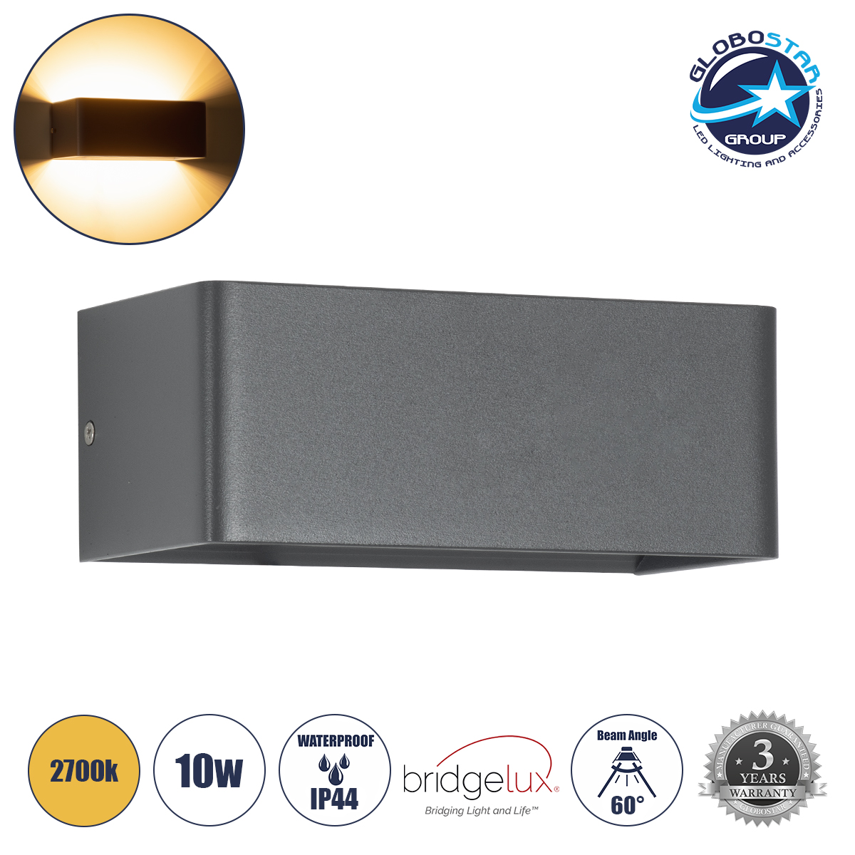 60543_1 GLOBOSTAR® CIRCOA 60543 Μοντέρνο Φωτιστικό Τοίχου - Απλίκα LED 10W 1000lm 60° AC 220-240V IP44 Θερμό Λευκό 2700K - Bridgelux COB Chip & TÜV SÜD Driver - Γκρι Ανθρακί Ματ - Μ20 x Π8 x Υ10cm - 5 Χρόνια Εγγύηση - Image 1
