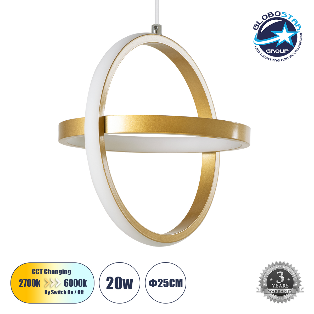 61057_1 GLOBOSTAR® ALICE 61057 Μοντέρνο Κρεμαστό Φωτιστικό Οροφής LED 20W 2400lm 300° AC 220-240V IP20 Ρυθμιζόμενο Λευκό CCT με On/Off 2700K/4500K/6000K - Lumileds SMD Chip - Χρυσό Βούρτσας - Μ25 x Π22 x Υ25cm - 3 Χρόνια Εγγύηση - Image 1