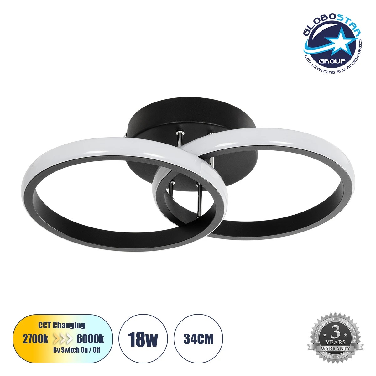 61058_1 GLOBOSTAR® CORA 61058 Μοντέρνο Φωτιστικό Οροφής LED 18W 2160lm 300° AC 220-240V IP20 Ρυθμιζόμενο Λευκό CCT με On/Off 2700K/4500K/6000K - Lumileds SMD Chip - Μαύρο Ματ - Μ36 x Π20.5 x Υ7cm - 3 Χρόνια Εγγύηση - Image 1