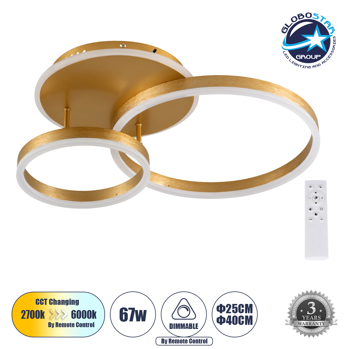 61122_1 GLOBOSTAR® VENOM 61122 Μοντέρνο Φωτιστικό Οροφής LED 67W 8040lm 360° AC 220-240V IP20 Ρυθμιζόμενο Λευκό CCT με Χειριστήριο από 2700K έως 6000K Dimmable - Lumileds SMD Chip - Σατινέ Χρυσό Βούρτσας - Μ60 x Π40 x Υ12.5cm - 3 Χρόνια Εγγύηση - Image 1