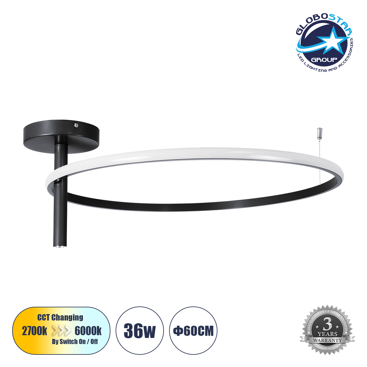 61223_1 GLOBOSTAR® VERONA 61223 Μοντέρνο Φωτιστικό Οροφής LED 36W 4032lm 360° AC 220-240V IP20 Ρυθμιζόμενο Λευκό CCT με On/Off 2700K/4500K/6000K - Lumileds SMD Chip - Μαύρο Ματ - Μ60 x Π60 x Υ23cm - 3 Χρόνια Εγγύηση - Image 1