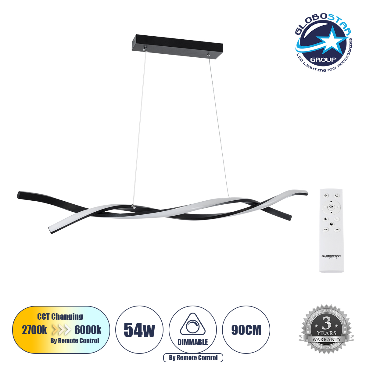 61275_1 GLOBOSTAR® MORALES 61275 Μοντέρνο Κρεμαστό Φωτιστικό Οροφής LED 54W 6048lm 300° AC 220-240V IP20 Ρυθμιζόμενο Λευκό CCT με Χειριστήριο από 2700K έως 6000K Dimmable - Lumileds SMD Chip - Μαύρο Ματ - Μ90 x Π14 x Υ14cm - 3 Χρόνια Εγγύηση - Image 1