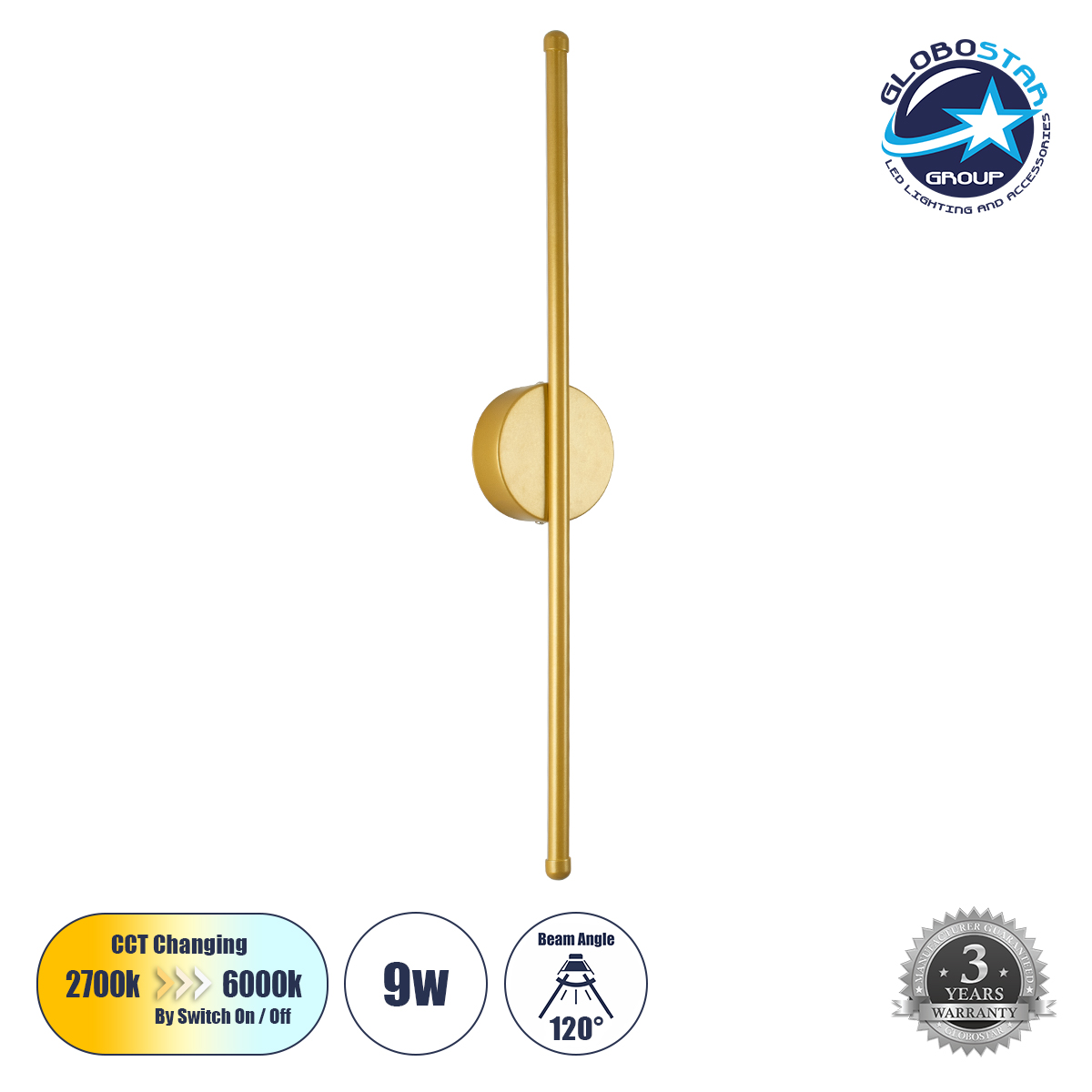61330_1 GLOBOSTAR® DIADEM 61330 Μοντέρνο Φωτιστικό Τοίχου - Απλίκα LED 9W 900lm 120° AC 220-240V IP20 Ρυθμιζόμενο Λευκό CCT με On/Off 2700K/4500K/6000K - Lumileds SMD Chip - Σατινέ Χρυσό Βούρτσας - Μ10 x Π4 x Υ60cm - 3 Χρόνια Εγγύηση - Image 1