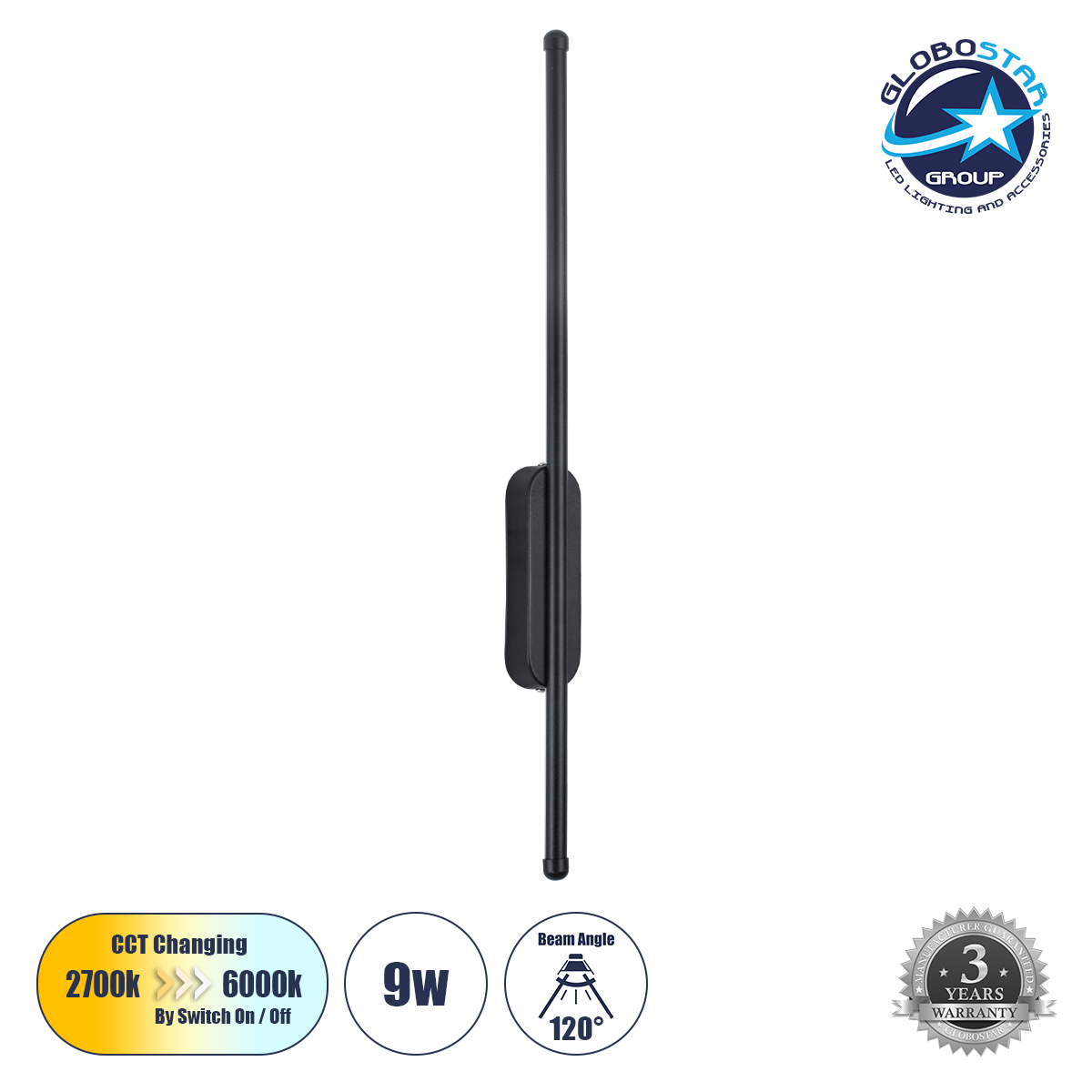 61331_1 GLOBOSTAR® HARLEM 61331 Μοντέρνο Φωτιστικό Τοίχου - Απλίκα LED 9W 1080lm 120° AC 220-240V IP20 Ρυθμιζόμενο Λευκό CCT με On/Off 2700K/4500K/6000K - Lumileds SMD Chip - Μαύρο Ματ - Μ5 x Π4 x Υ60cm - 3 Χρόνια Εγγύηση - Image 1