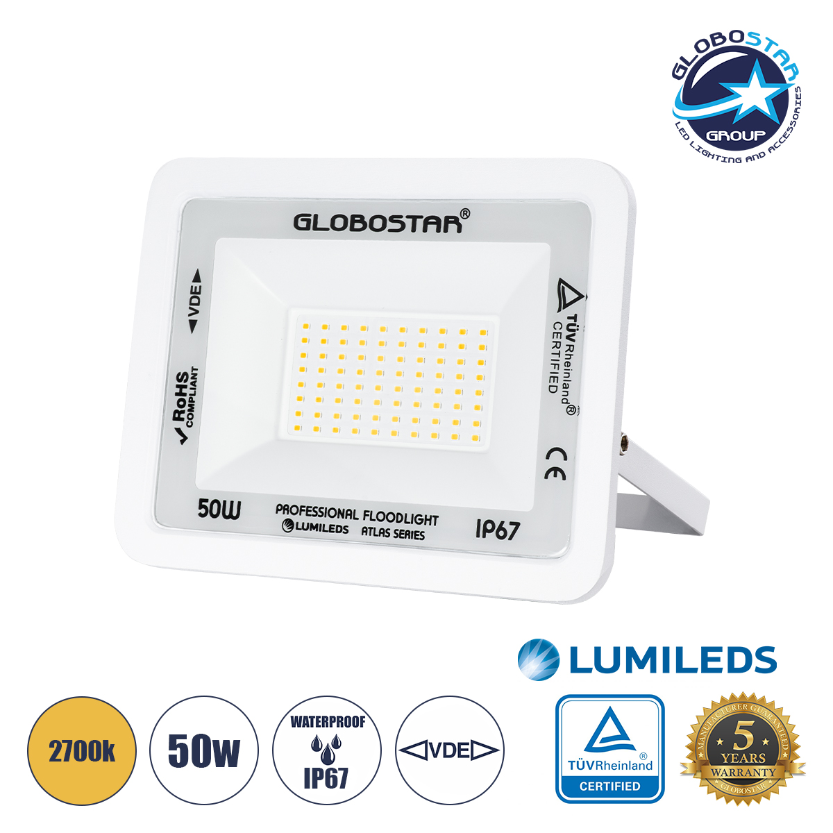 61421_1 GLOBOSTAR® ATLAS 61421 Προβολέας LED 50W 5750lm 120° AC 220-240V Αδιάβροχο IP67 Θερμό Λευκό 2700K - Lumileds SMD Chip - TÜV Rheinland Certified - Λευκό Ματ - Μ21 x Π3.5 x Υ16cm - 5 Χρόνια Εγγύηση - Image 1