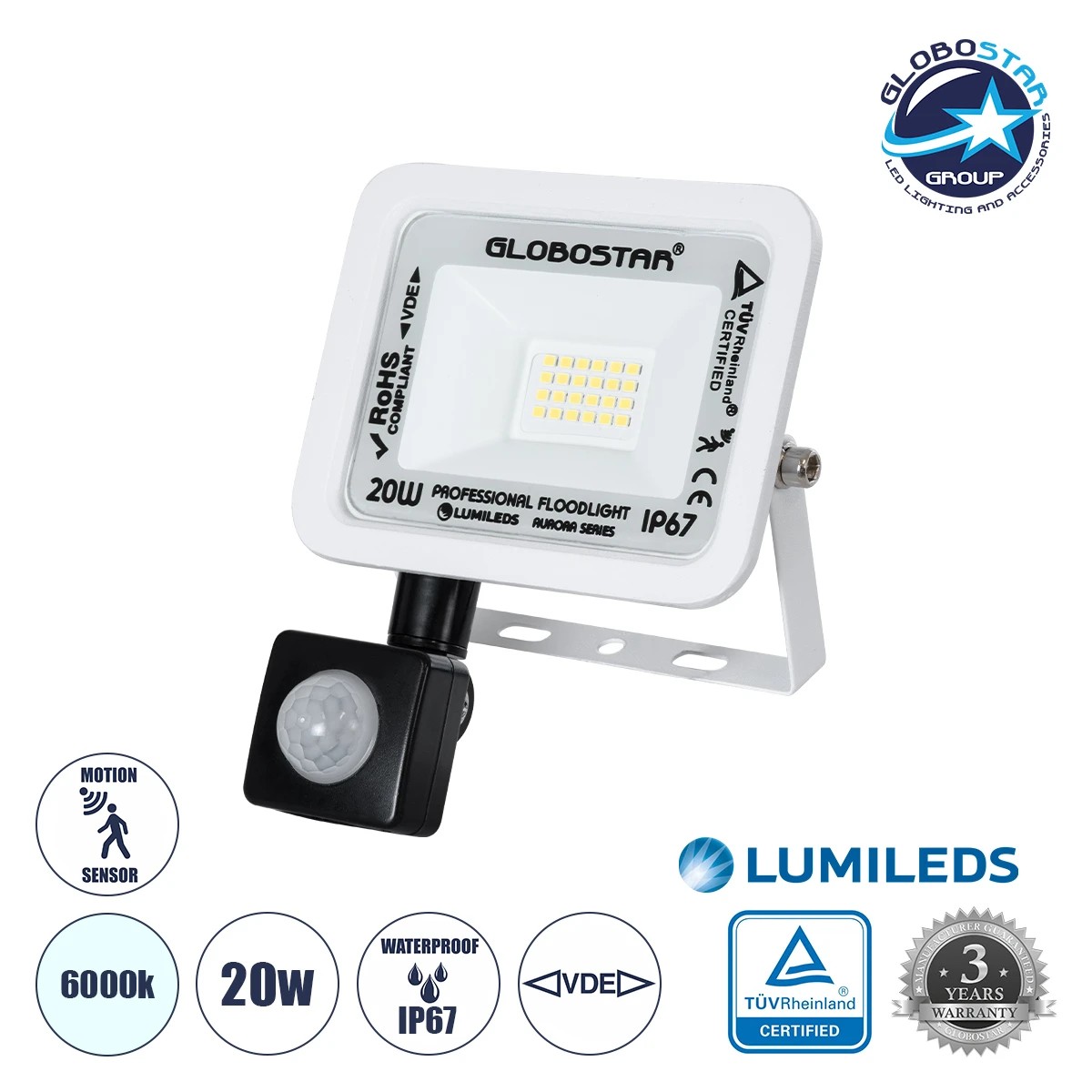 61438_01 GLOBOSTAR® AURORA 61438 Προβολέας με Ανιχνευτή PIR / Αισθητήρα Κίνησης LED 20W 2500lm 120° AC 220-240V Αδιάβροχο IP67 Ψυχρό Λευκό 6000K - Lumileds SMD Chip - TÜV Rheinland Certified - Λευκό Ματ - Μ12 x Π5 x Υ14.5cm - 3 Χρόνια Εγγύηση - Image 1
