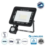 GLOBOSTAR® AURORA 61439 Προβολέας με Ανιχνευτή PIR / Αισθητήρα Κίνησης LED 30W 3750lm 120° AC 220-240V Αδιάβροχο IP67 Ψυχρό Λευκό 6000K - Lumileds SMD Chip - TÜV Rheinland Certified - Μαύρο Ματ - Μ16 x Π5 x Υ17.5cm - 3 Χρόνια Εγγύηση