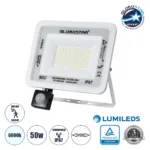 GLOBOSTAR® AURORA 61442 Προβολέας με Ανιχνευτή PIR / Αισθητήρα Κίνησης LED 50W 6250lm 120° AC 220-240V Αδιάβροχο IP67 Ψυχρό Λευκό 6000K - Lumileds SMD Chip - TÜV Rheinland Certified - Λευκό Ματ - Μ21 x Π5 x Υ21cm - 3 Χρόνια Εγγύηση