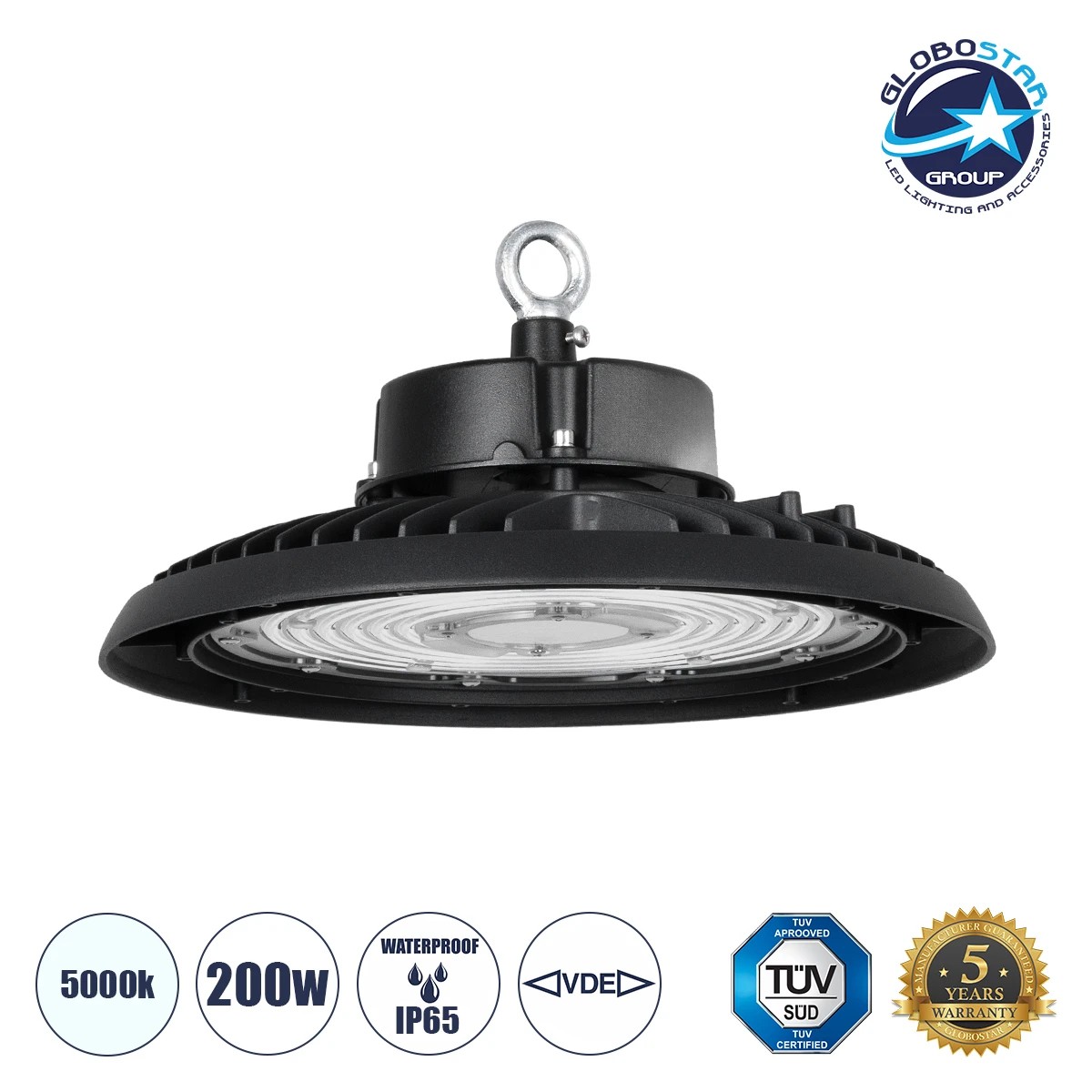 61502_1 GLOBOSTAR® INDUSTRY 61502 Βιομηχανικό Φωτιστικό Καμπάνα High Bay UFO LED 200W 30000lm SDCM<5 90° AC 85-265V Αδιάβροχο IP65 IK08 Φυσικό Λευκό 5000K - 338 x Sanan Opto SMD Chip & TÜV SÜD Driver - Μαύρο Χυτό Αλουμίνιο - Μ30 x Π30 x Υ16cm - 5 Χρόνια Εγγύηση - Image 1