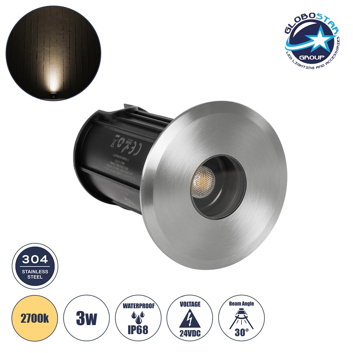 61713_1 GLOBOSTAR® POOLIFY 61713 Υποβρύχιο Χωνευτό Φωτιστικό Σποτ για Πισίνες/Σιντριβάνια/Δάπεδο LED 3W 360lm 30° DC 24V Αδιάβροχο IP68 Θερμό Λευκό 2700K Dimmable - CREE XPE Chip - Ανοξείδωτο Ατσάλι SS304 & Tempered Glass - 1m VDE Rubber Καλώδιο - Μ6.5 x Π6.5 x Υ8cm / Q5.2cm - 3 Χρόνια Εγγύηση - Image 1