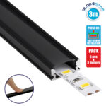 GLOBOSTAR® ALP-LINEAR SURFABO 70806-3M Επιφανειακό Προφίλ Αλουμινίου με Μαύρο Φιμέ Πατητό Κάλυμμα για Ταινίες LED IP20 - Μαύρο - Μ300 x Π1.6 x Υ0.7cm - Πακέτο 5 Τεμαχίων