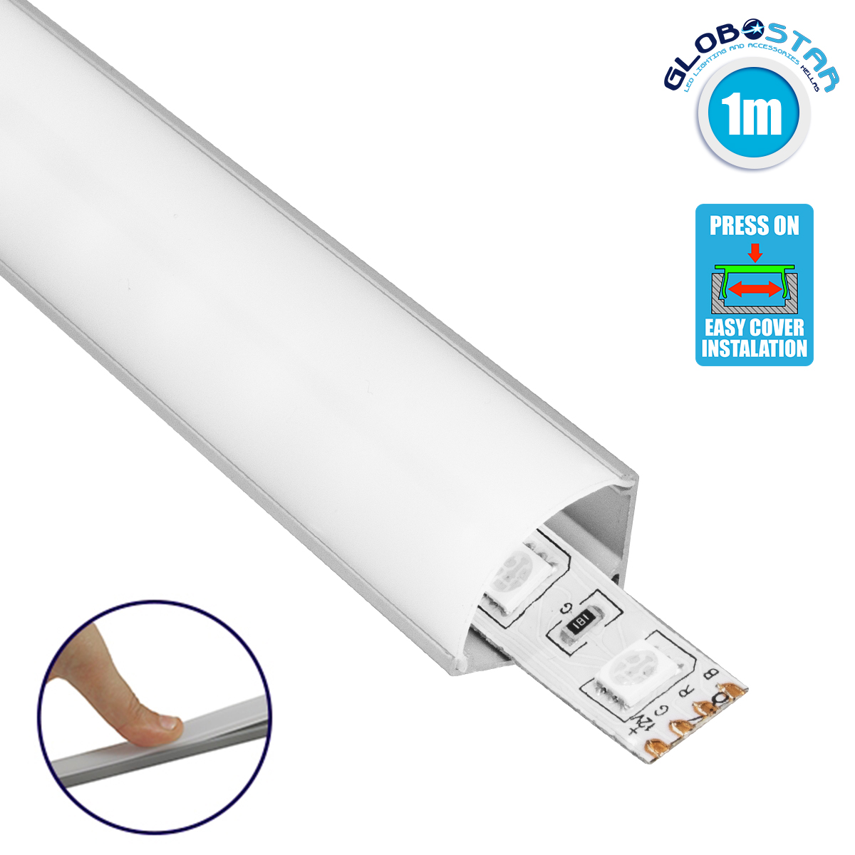 70815_1m_1 GLOBOSTAR® ALP-CORNER LINEO 70815-1M Επιφανειακό Γωνιακό Προφίλ Αλουμινίου με Λευκό Γαλακτερό Πατητό Κάλυμμα για Ταινίες LED IP20 - Ασημί & Λευκό - Μ100 x Π1.6 x Υ1.6cm - Image 1