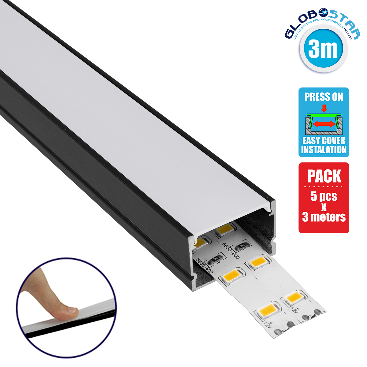 70825_3m_1 GLOBOSTAR® ALP-LINEAR VEXTA 70825-3M Επιφανειακό Προφίλ Αλουμινίου με Λευκό Γαλακτερό Πατητό Κάλυμμα για Ταινίες LED IP20 - Μαύρο & Λευκό - Μ300 x Π3 x Υ2cm - Πακέτο 5 Τεμαχίων - Image 1