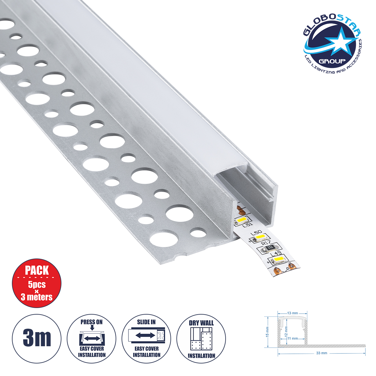 70834_3m_1 GLOBOSTAR® ALP-PLASTERIN GYPSO 70834-3M Χωνευτό Τερματικό Προφίλ Αλουμινίου Ειδικό για Γυψοσανίδα με Λευκό Γαλακτερό Πατητό Κάλυμμα για Ταινίες LED IP20 - Ασημί & Λευκό - Μ300 x Π3.3 x Υ1.5cm - Πακέτο 5 Τεμαχίων - Image 1