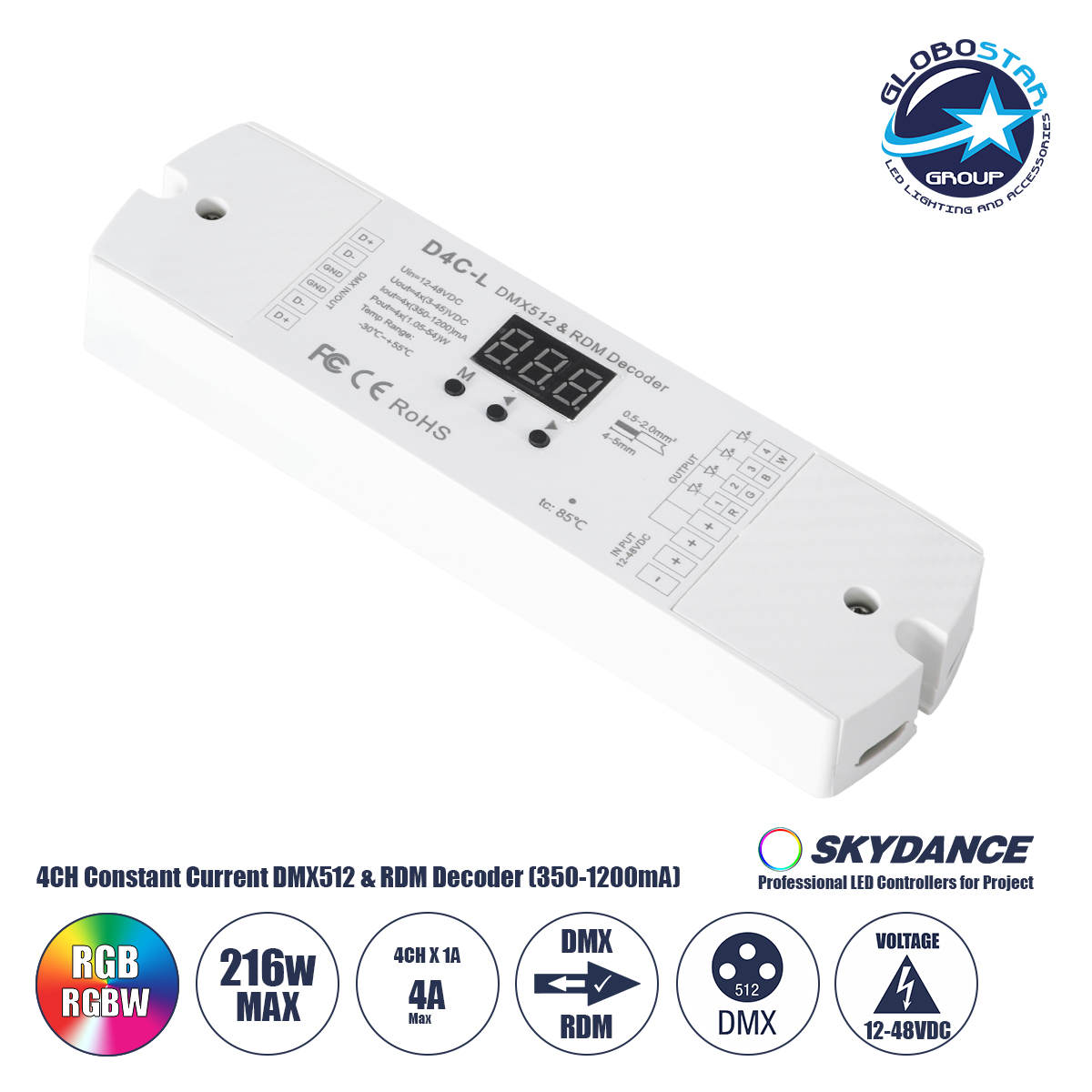73146_01 GLOBOSTAR® SKYDANCE-D4C-L 73146 DC DMX Master Dimmer / Controller / Decoder Υψηλής Ταχύτητας με 4 x 1A 54W Κανάλια DC 12-48V 4A 216W Max IP20 - DMX512 & RDM - Μ17 x Π5 x Υ2.5cm - 5 Χρόνια Εγγύηση - Image 1