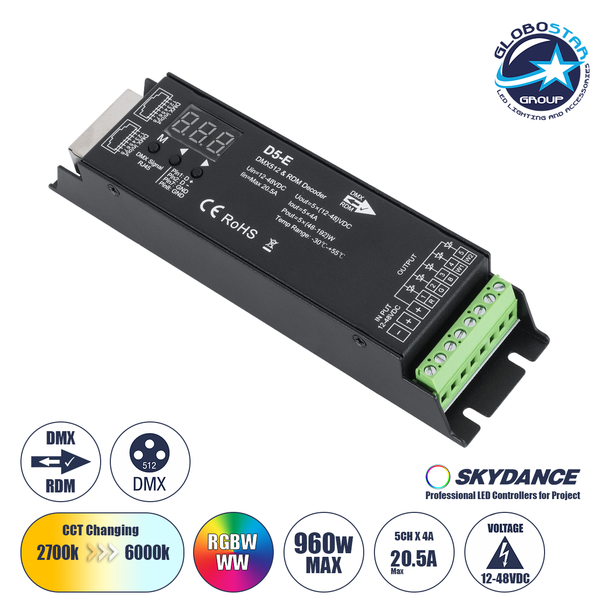 73148_1 GLOBOSTAR® SKYDANCE-D5-E 73148 DC DMX Master Dimmer / Controller / Decoder Υψηλής Ταχύτητας με 5 x 4A 192W Κανάλια DC 12-48V 20.5A 960W Max IP20 - DMX512 & RDM - Μ17.5 x Π4.5 x Υ3.3cm - 5 Χρόνια Εγγύηση - Image 1