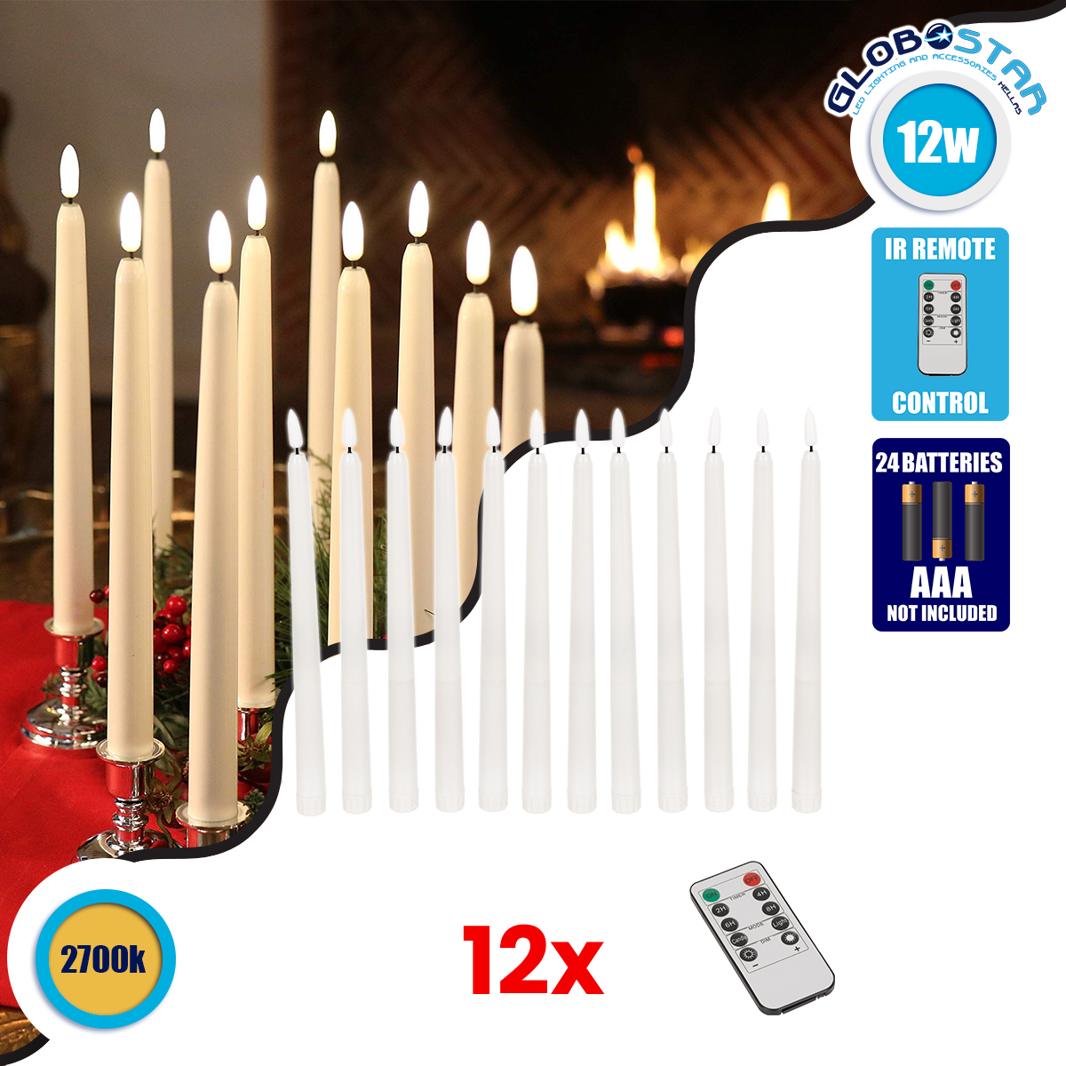 79564_01 GLOBOSTAR® CANDLESTICKS 79564 Διακοσμητικό Κερi Κηροπηγίου με Εφέ Κινούμενης Φλόγας & IR Ασύρματο Χειριστήριο LED 0.5W 25lm 180° DC 3V με 2xAA Μπαταρίες IP20 Θερμό Λευκό 2700K - Λευκό - Μ2 x Π2 x Υ27.5cm - Πακέτο 12 Τεμαχίων - 2 Χρόνια Εγγύηση - Image 1