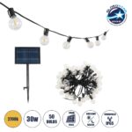 GLOBOSTAR® TWILIGHT 79669 Μοντέρνο Φωτιστικό Κήπου Γιρλάντα 14.5m με 50 Λάμπες LED 30W 2700lm 360° DC 3.6V με Φωτοβολταϊκό Panel 5.5V 5W & Επαναφορτιζόμενη Μπαταρία Li-ion 3.7V 3x18650 6600mAh Αδιάβροχο IP65 Θερμό Λευκό 2700Κ Dimmable - Sanan SMD Chip - Μαύρο & Διάφανο - Μ1450 x Π4 x Υ7cm - 2 Χρόνια Εγγύηση
