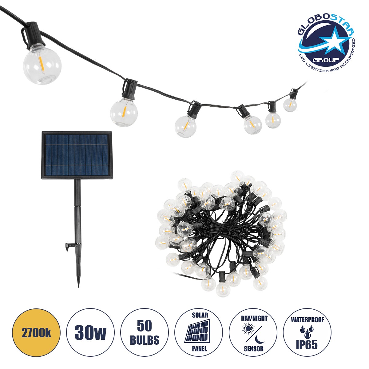 e4ea94_79669_1 GLOBOSTAR® TWILIGHT 79669 Μοντέρνο Φωτιστικό Κήπου Γιρλάντα 14.5m με 50 Λάμπες LED 30W 2700lm 360° DC 3.6V με Φωτοβολταϊκό Panel 5.5V 5W & Επαναφορτιζόμενη Μπαταρία Li-ion 3.7V 3x18650 6600mAh Αδιάβροχο IP65 Θερμό Λευκό 2700Κ Dimmable - Sanan SMD Chip - Μαύρο & Διάφανο - Μ1450 x Π4 x Υ7cm - 2 Χρόνια Εγγύηση - Image 1