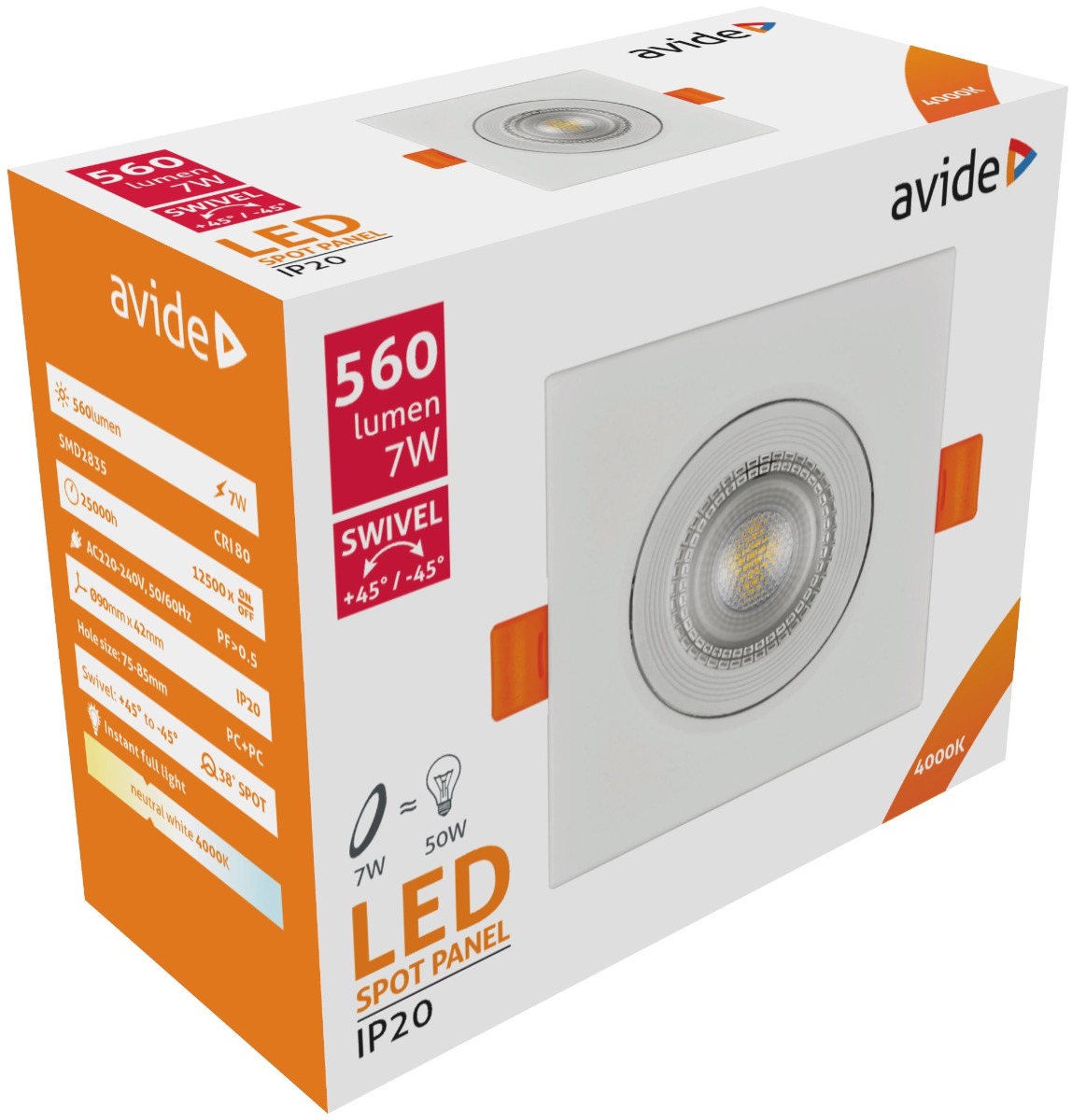 720 Avide LED Χωνευτό Σπότ 38° Τετράγωνο 7W Λευκό 4000K - Image 1